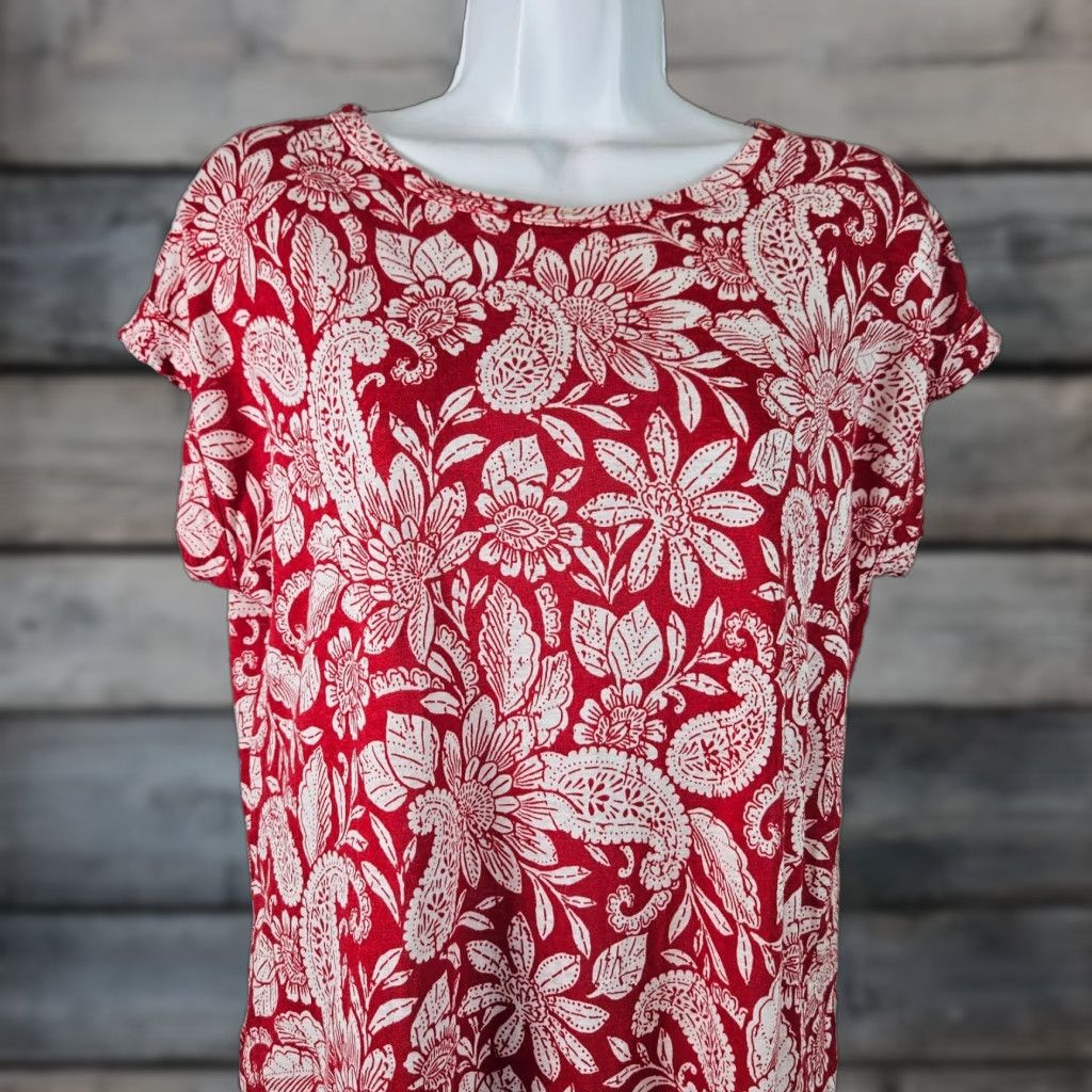 Loft Ann Taylor LOFT Womens Top XS Red White Floral Linen Blend Shirt Size XS / US 0-2 / IT 36-38 - 1 Thumbnail
