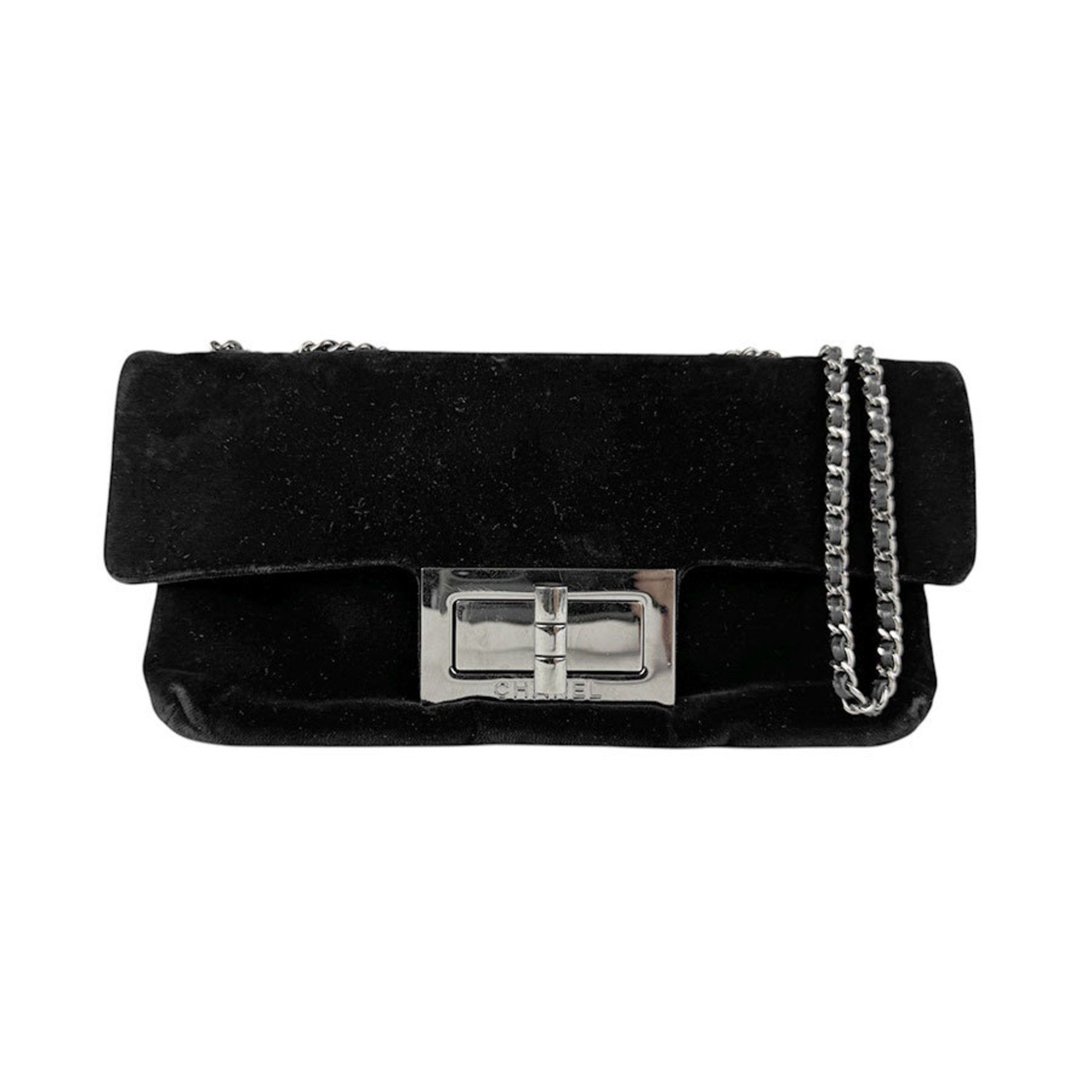 Chanel Shoulder Bag 2.55 Velvet Leather Black Silver Women's Z5089