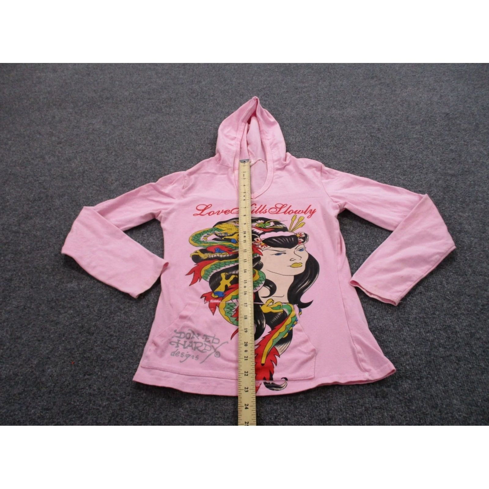 Ed Hardy Ed Hardy Hoodie Womens XS Pink Grunge Love Kills Slowly Dragon Girl Pullover Hooded Pockets Thermal Knit Cotton Varsity Style Tee? Size XS / US 0-2 / IT 36-38 - 3 Thumbnail