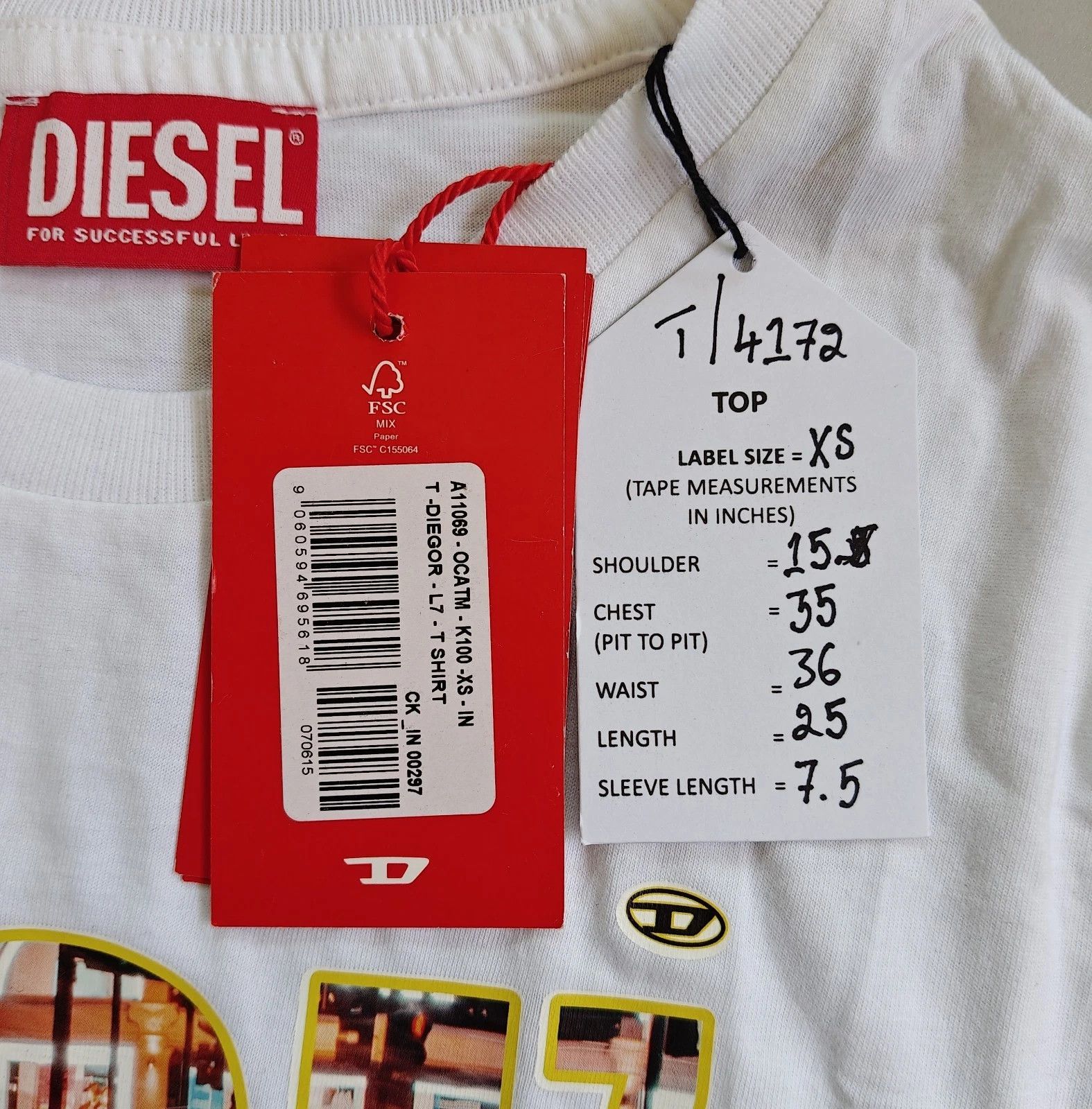Diesel DIESEL White T-shirt with DSL 78 Denim print T 4172 Size US XS / EU 42 / 0 - 5 Thumbnail