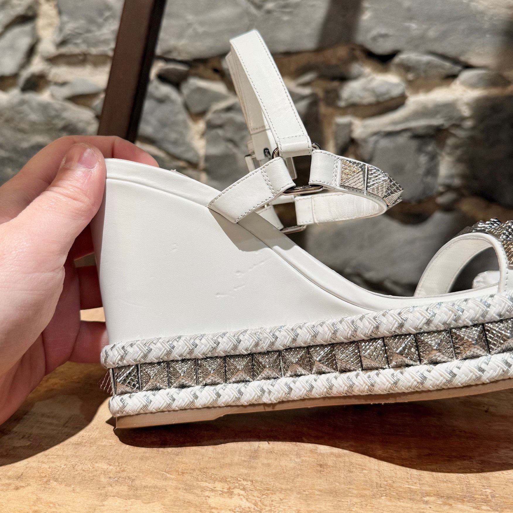 Christian Louboutin Christian Louboutin Leather Studded Pyraclou Wedge Sandals Size US 8 / IT 38 - 8 Thumbnail