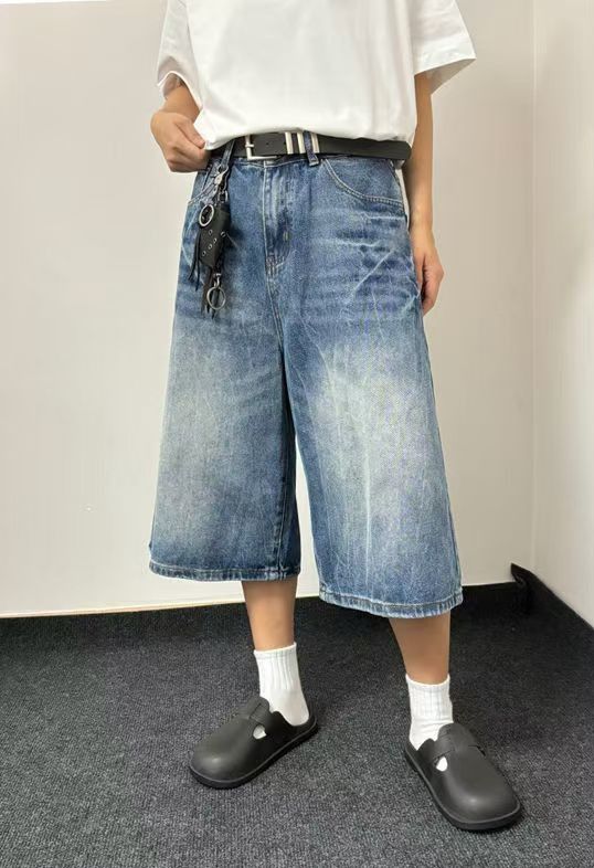 Japanese Brand × Jean Blue loose street washed vintage lightning denim shorts Size US 32 / EU 48 - 1 Thumbnail