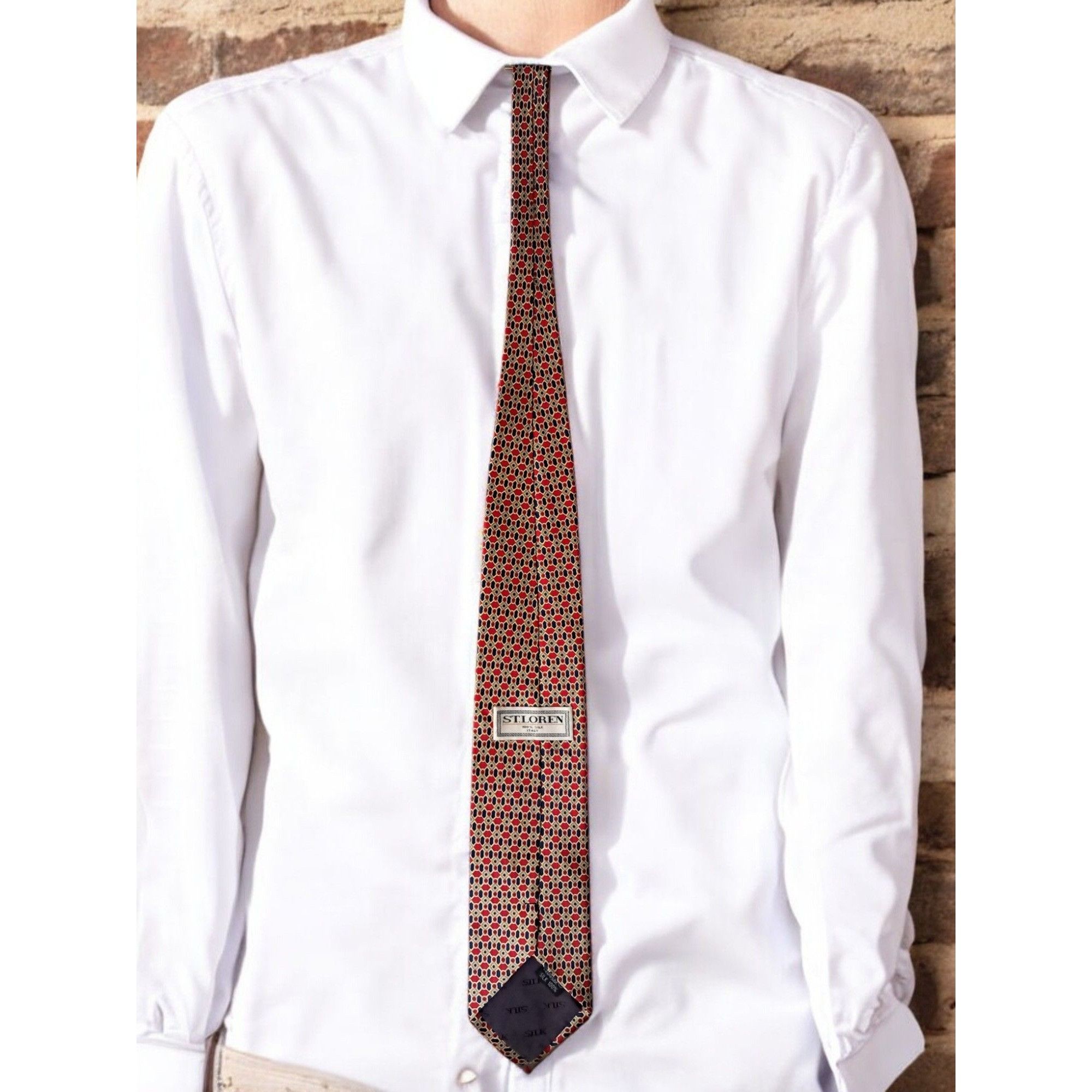 Other St. Lorren 100% Silk Tie, Geometric Pattern: Red, Blue, and Size ONE SIZE - 3 Thumbnail