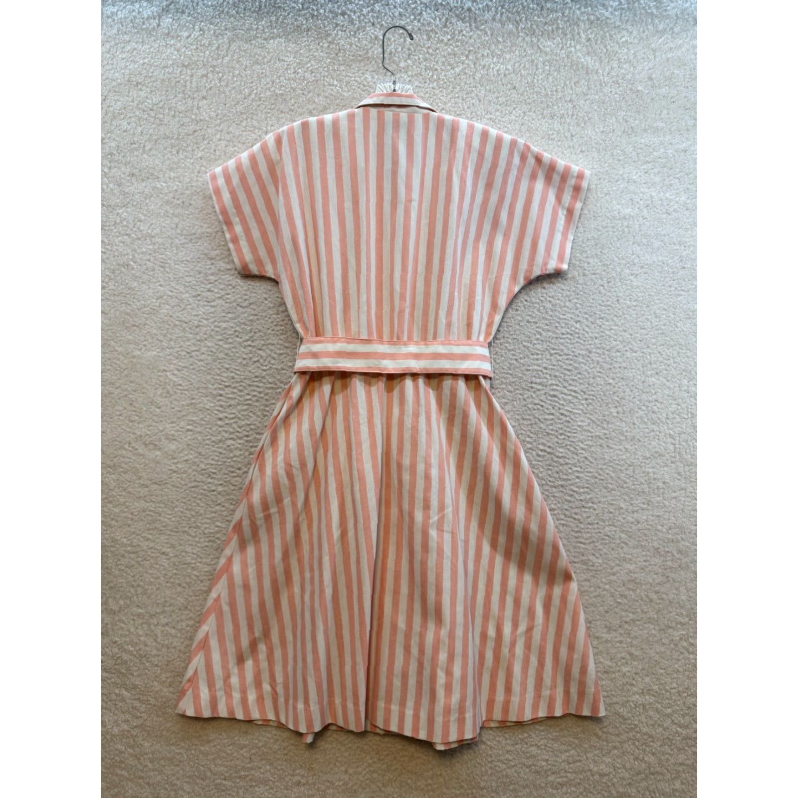 Pinko VINTAGE 1960s Dress Large 12 Salmon Pink Vertical Striped Rockabilly Caron Brand Womens Size XL / US 12-14 / IT 48-50 - 2 Thumbnail