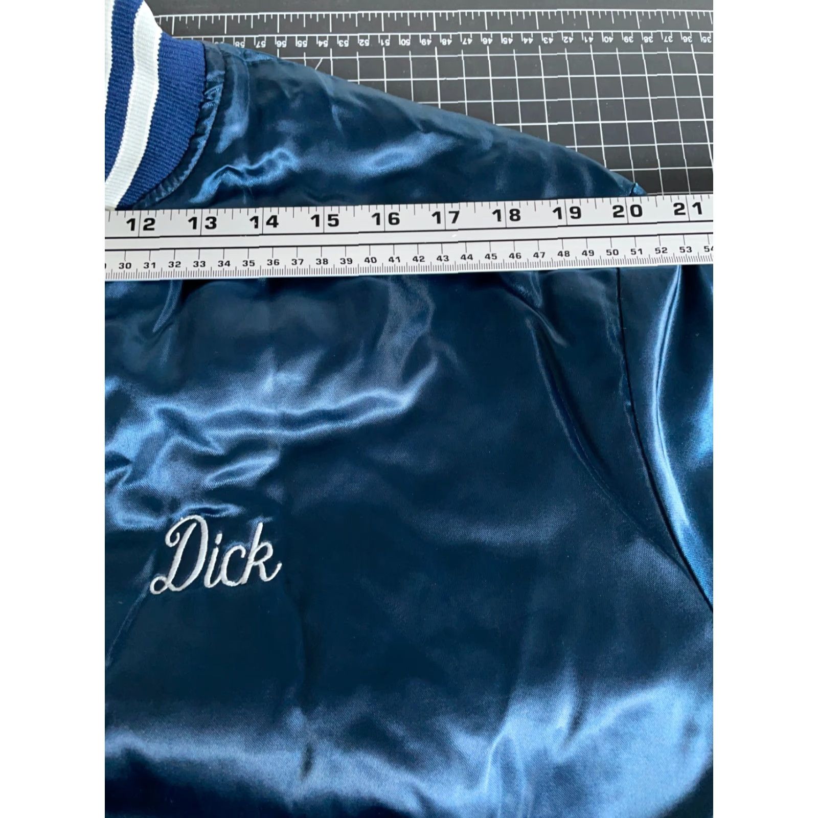 Warehouse VINTAGE 80s Satin Bomber Jacket Mens XL Blue Warehouse Dick chainstitch script Snap Front Pockets Quilted Lined Size US XL / EU 56 / 4 - 6 Thumbnail