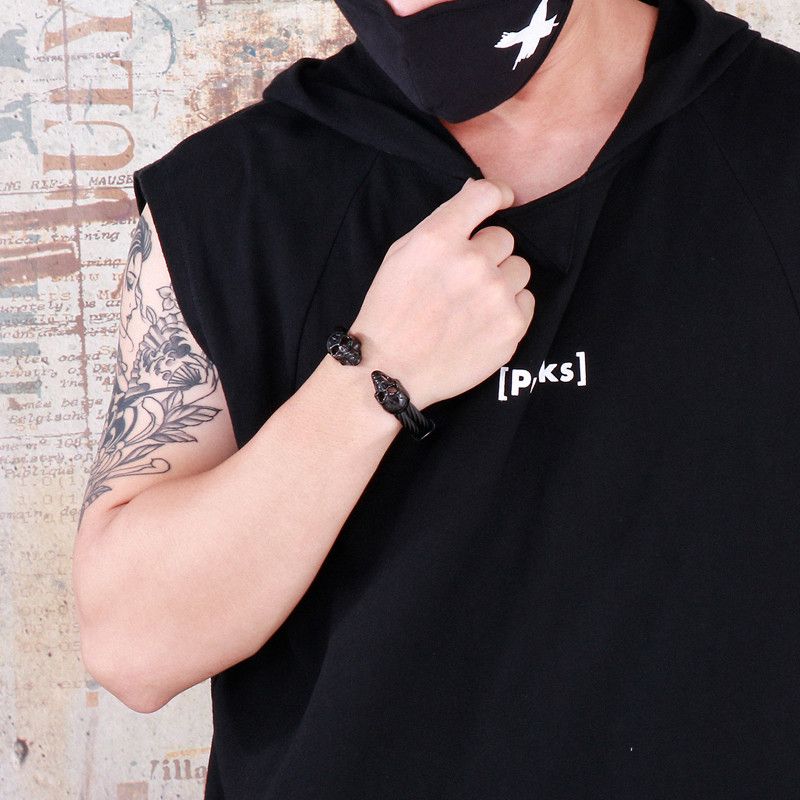 Jewelry Black Steel Skull Double Layer Cuff Bracelet Size ONE SIZE - 2 Thumbnail