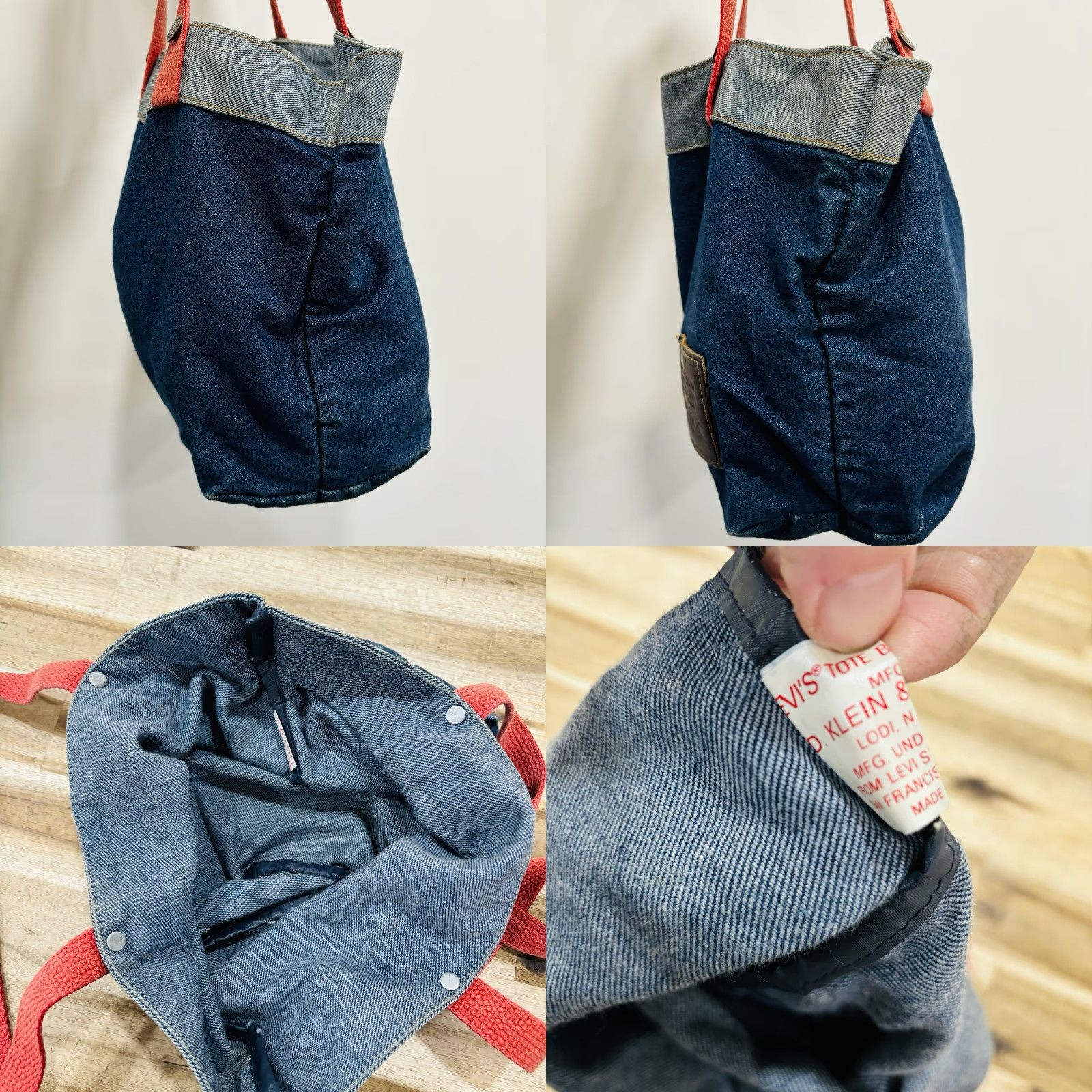 VINTAGE Levi’s Denim Tote Bag With Red Handles Leather Patch Made in USA Totes & Shoppers Blue Denim Levi’s Tote Bag Womens/Mens