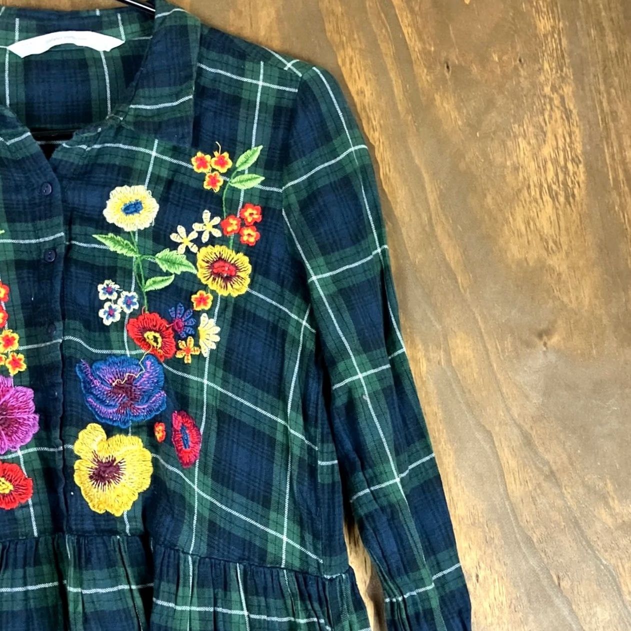 Zara Zara Trafalgar Womens Dress Blue Green Plaid Floral Embroider V Neck Pockets XS Size XS / US 0-2 / IT 36-38 - 5 Thumbnail