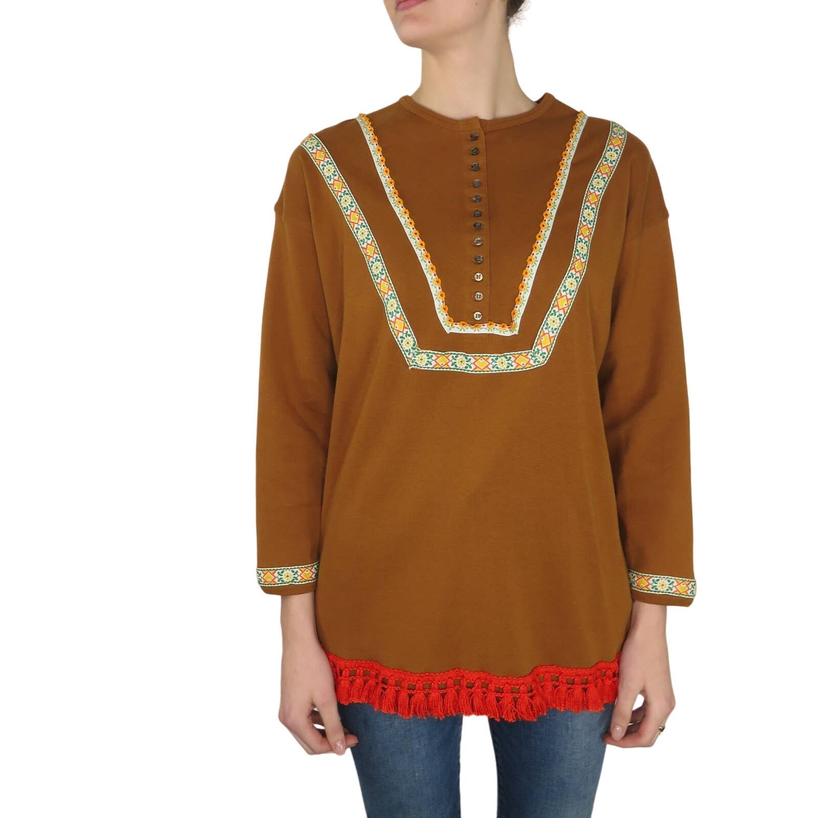 Vintage VTG. Songwriter Embroidered Brown Boho Western Tassel Blouse Size S / US 4 / IT 40 - 2 Thumbnail