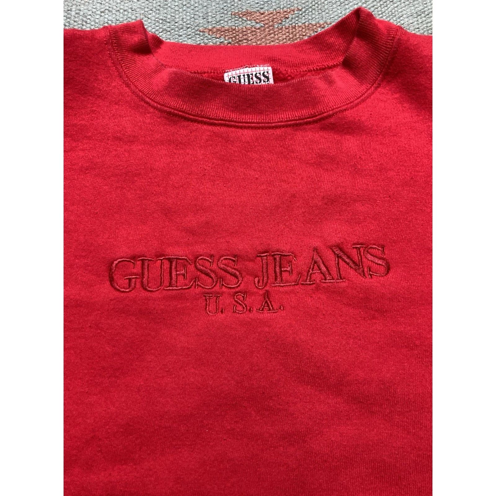 Guess VINTAGE 90s Guess Jeans Embroidered USA Made Crimson Large Sweatshirt Crewneck Mens XL Pullover Red Size US XL / EU 56 / 4 - 2 Thumbnail