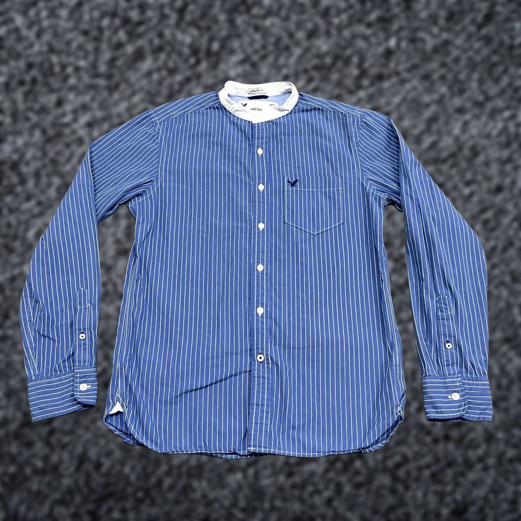 American Eagle Outfitters American Eagle Shirt Mens S Blue Stripe Long Sleeve Button Up Band Collar Preppy Size US S / EU 44-46 / 1 - 1 Thumbnail