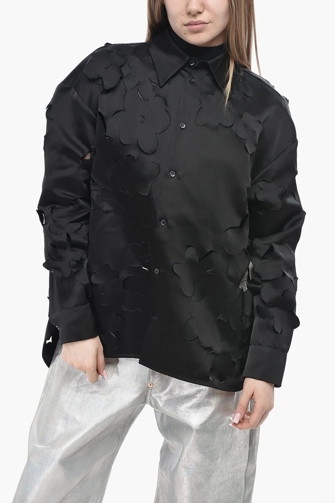 Marni og1mm0326 Floral Cut-Out Motif Satin Blouse in Black Size M / US 6-8 / IT 42-44 - 1 Thumbnail