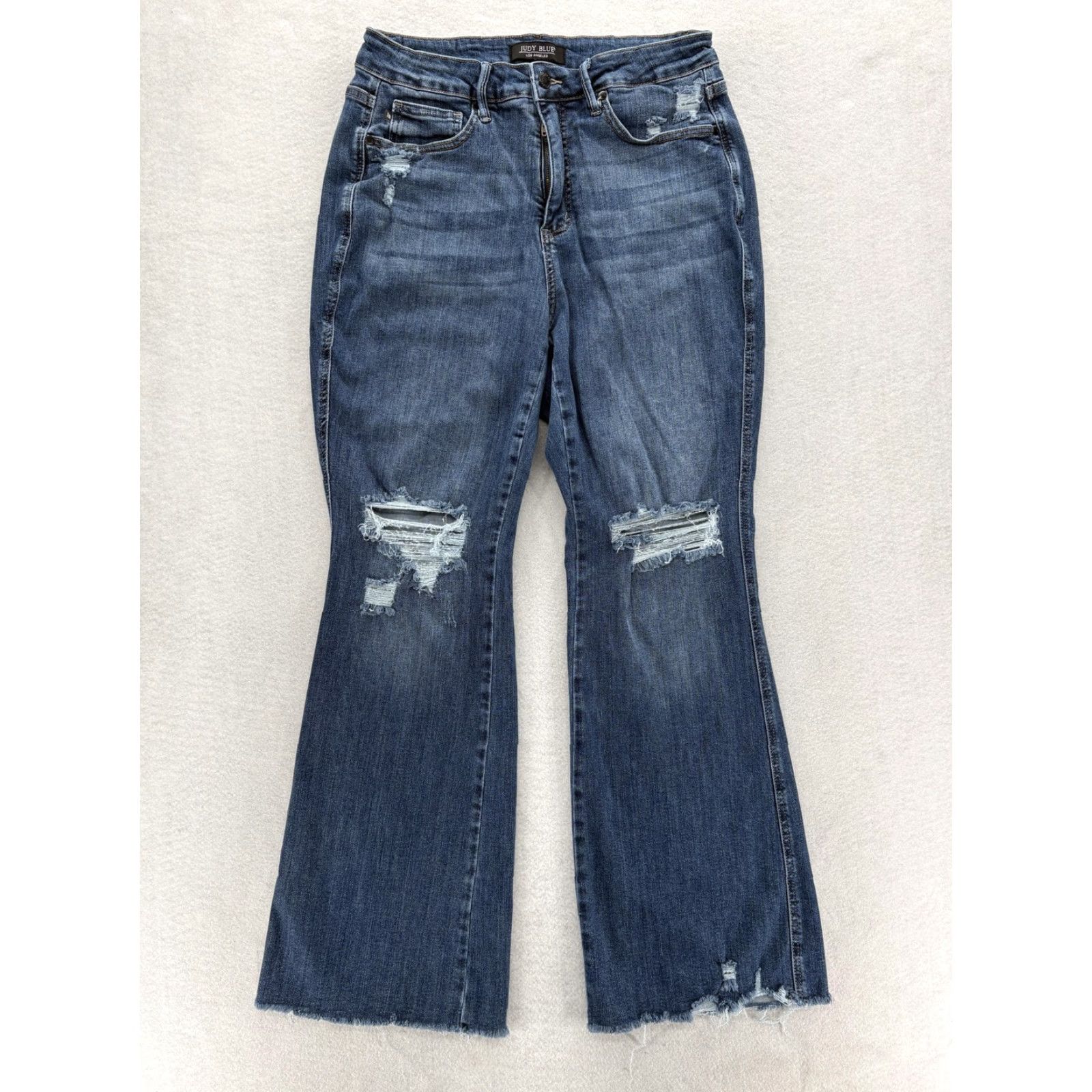 Vintage Judy Blue Jeans Womens 14W High Rise Flare Distressed Blue Raw Hem Stretch Denim Size 36" / US 14 / IT 50 - 2 Thumbnail