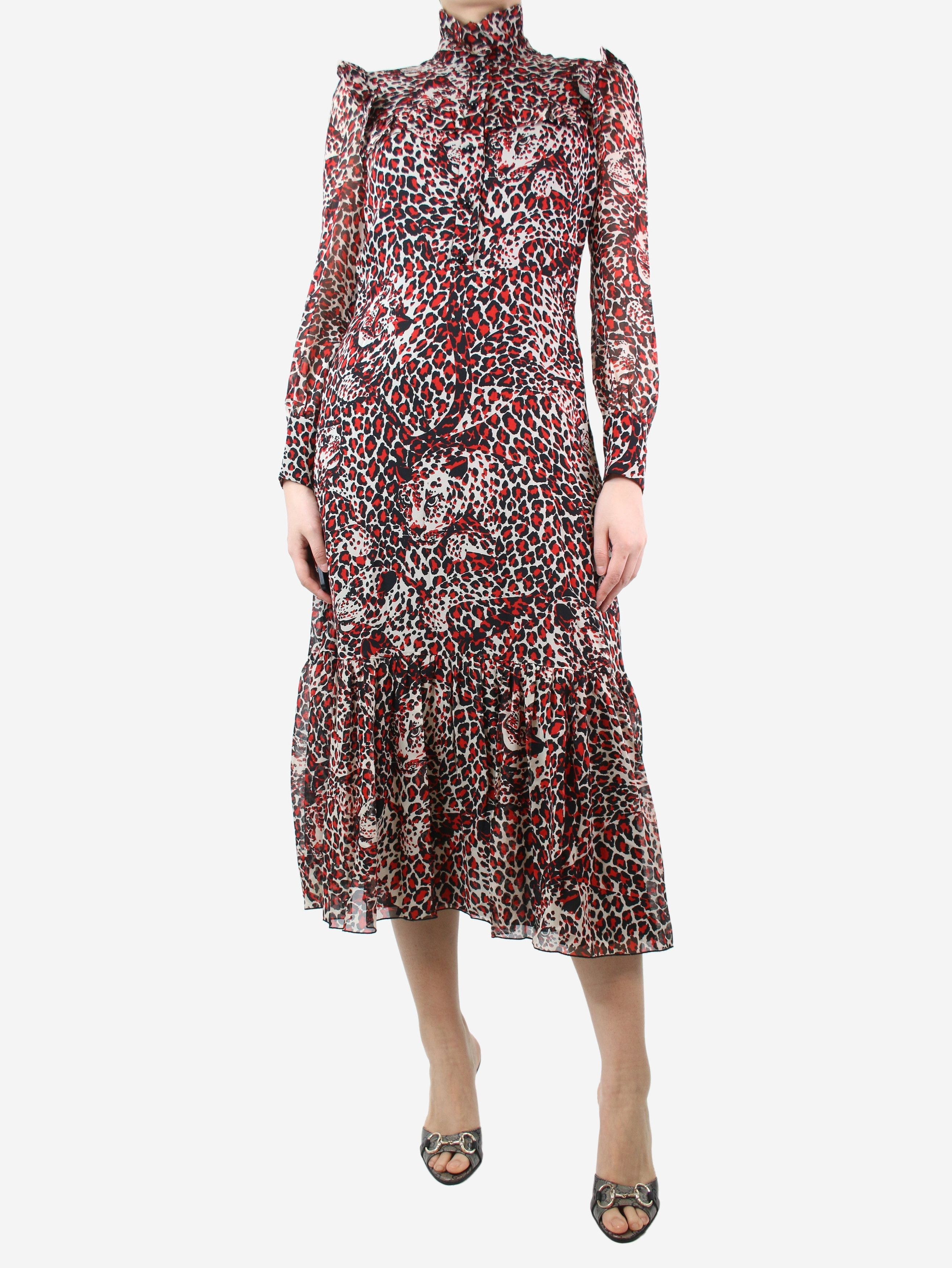 image of Saint Laurent Paris Red Leopard-Print Ruffle Midi Dress - Size Uk 12, Women's