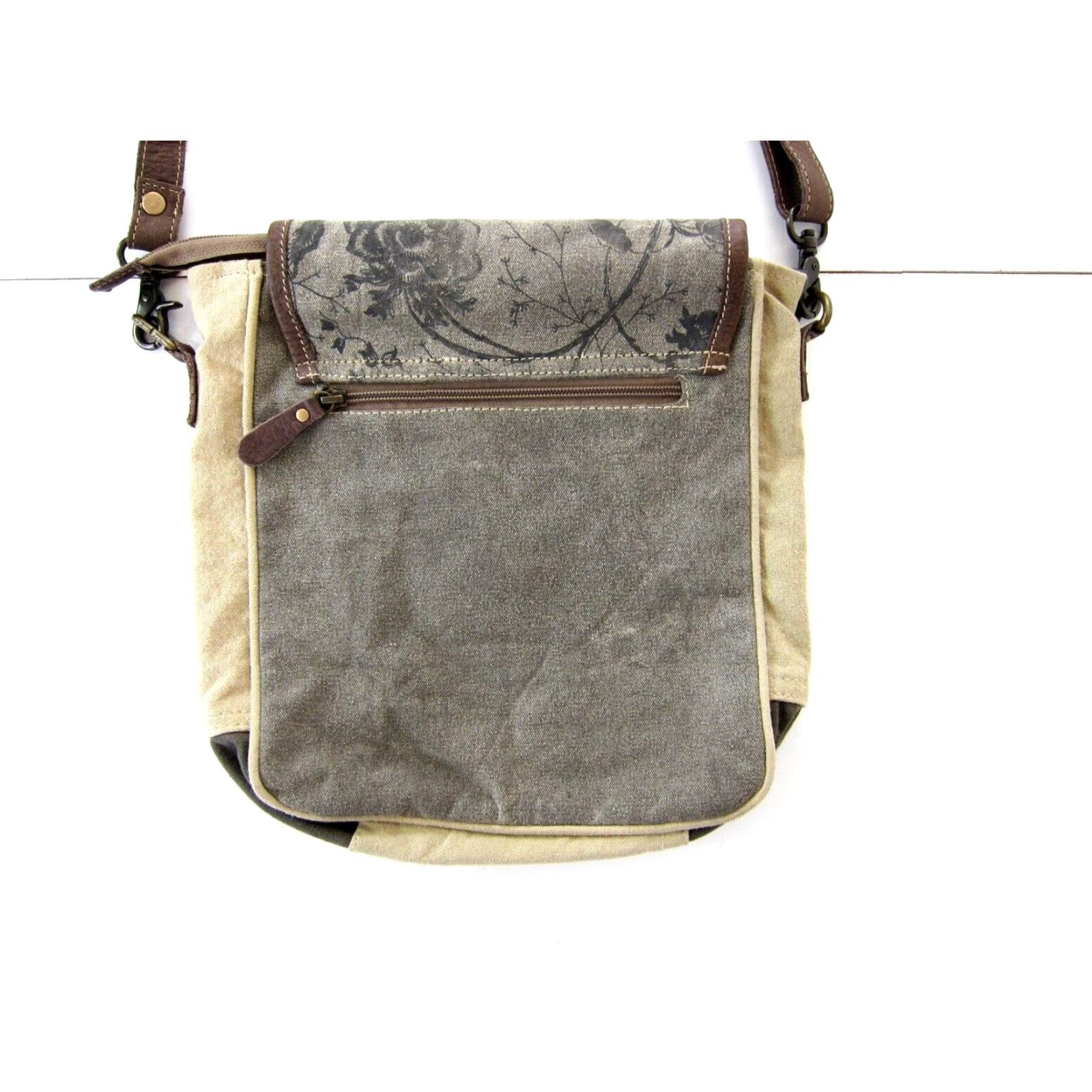 Vintage Myra Crossbody Satchel Purse Brown Beige Floral Canvas Leather 100% Cotton Leather Satchel Purse Size ONE SIZE - 7 Thumbnail