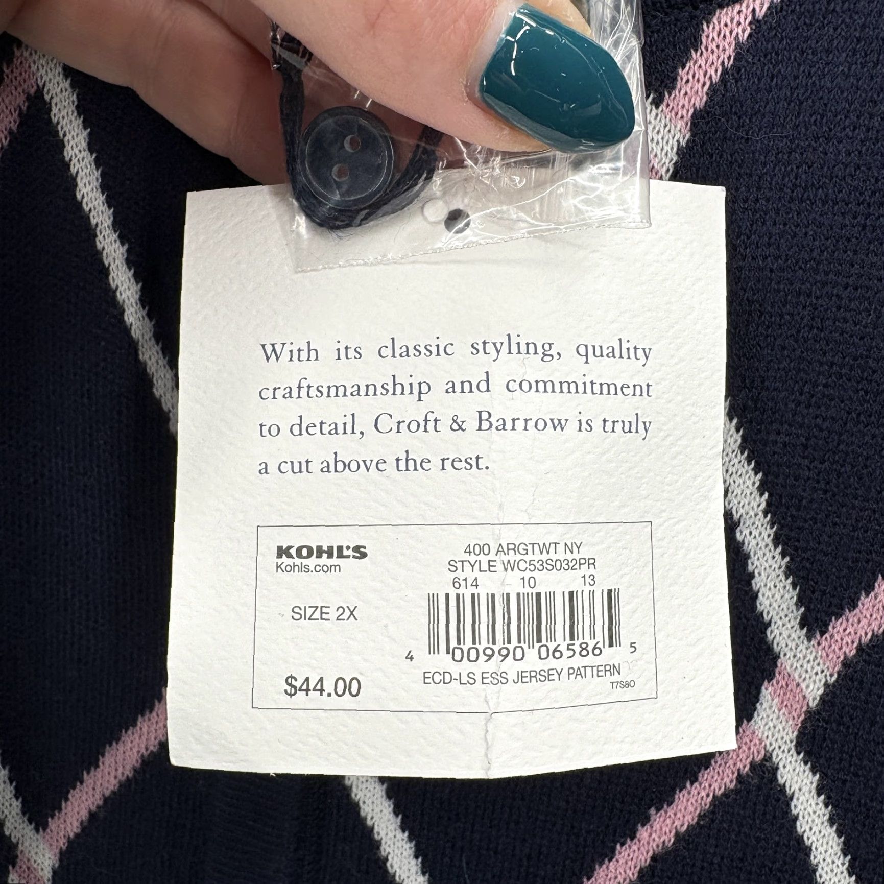 Croft & Barrow Croft & Barrow Cardigan Sweater Womens 2X Plus Blue Argyle Crew Neck Cotton NWT Size XXL / US 16-18 / IT 52-54 - 5 Thumbnail