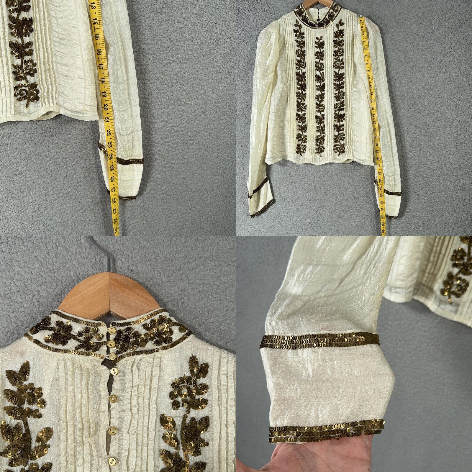 Ulla Johnson Ulla Johnson Blouse Womens Small Silk Viscose Cotton Embroidered Sequin Floral Puff Sleeve High Neck Ivory Vintage Bohemian Top Size S / US 4 / IT 40 - 10 Thumbnail