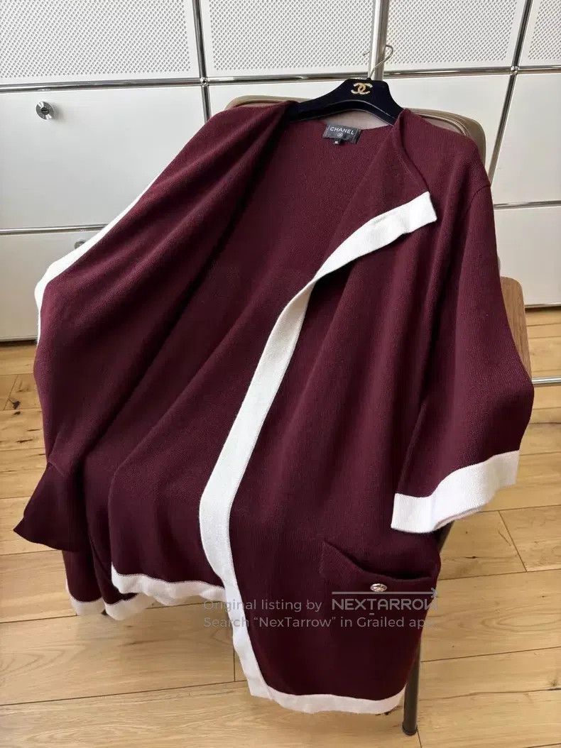 Chanel Chanel Burgundy white-rimmed long knitted cardigan coat Size XS / US 0-2 / IT 36-38 - 4 Thumbnail