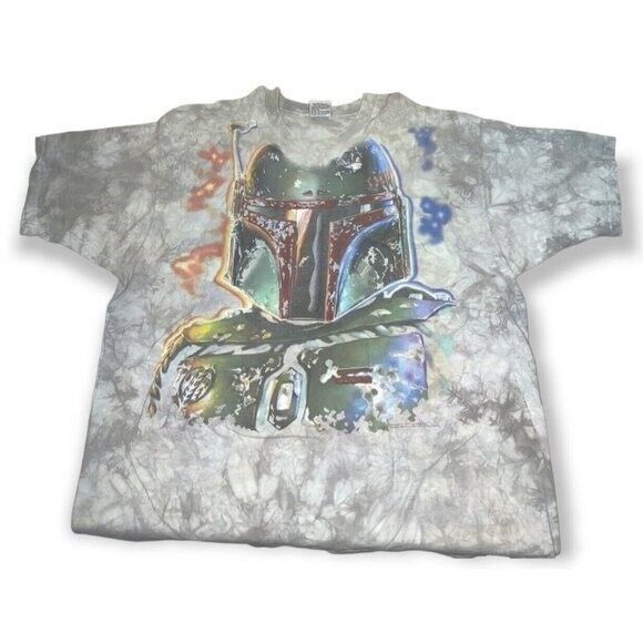 image of Vintage Star Wars Liquid Blue T-Shirt Boba Fett Tie Dye Size in Grey, Men's