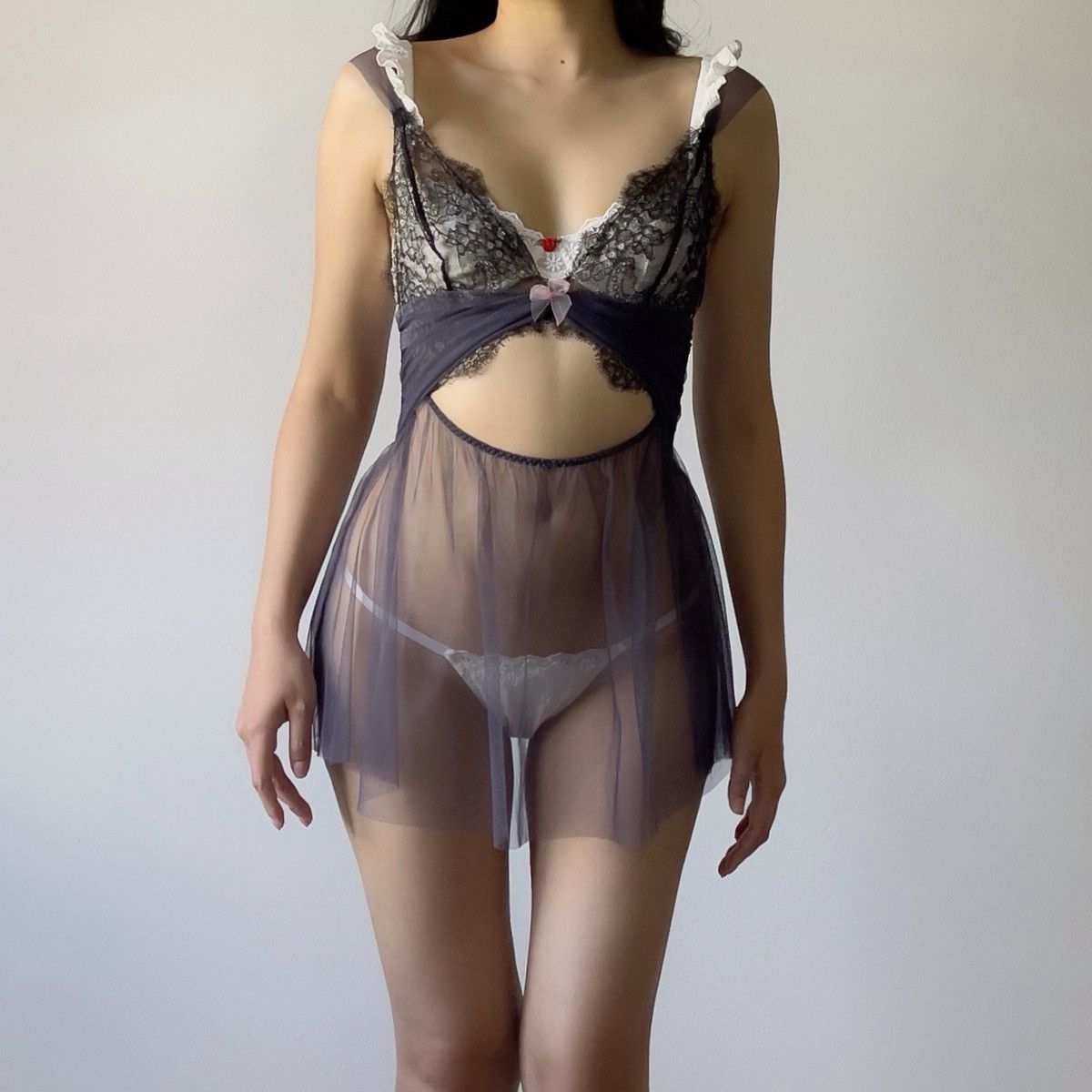 Victoria's Secret Dusty Blue Mesh & Black Lace Sheer Mini Slip Dress (S-M) Size M / US 6-8 / IT 42-44 - 6 Thumbnail