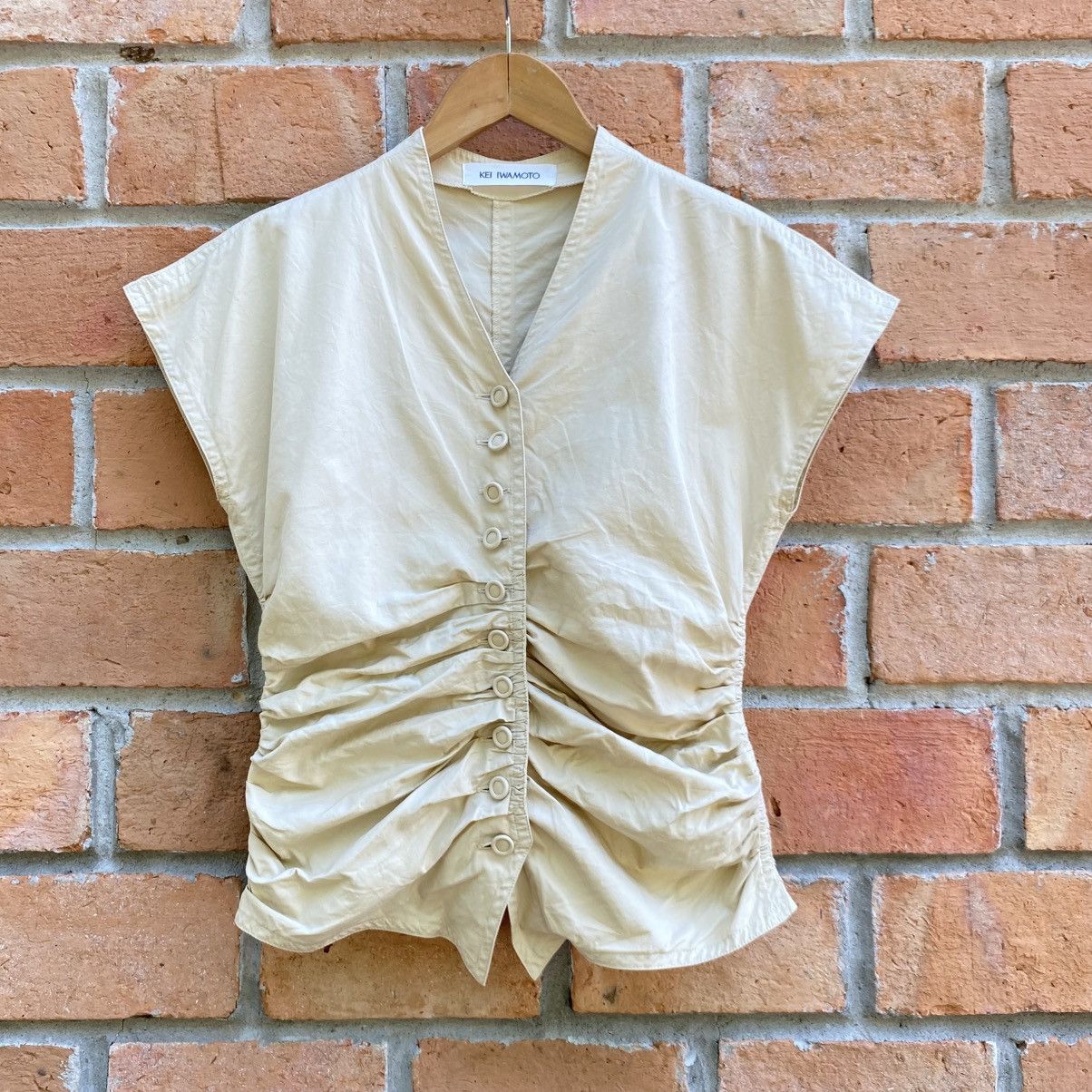 Japanese Brand KEI IWAMOTO Beige Ruched Button-Front Blouse Size S / US 4 / IT 40 - 6 Thumbnail