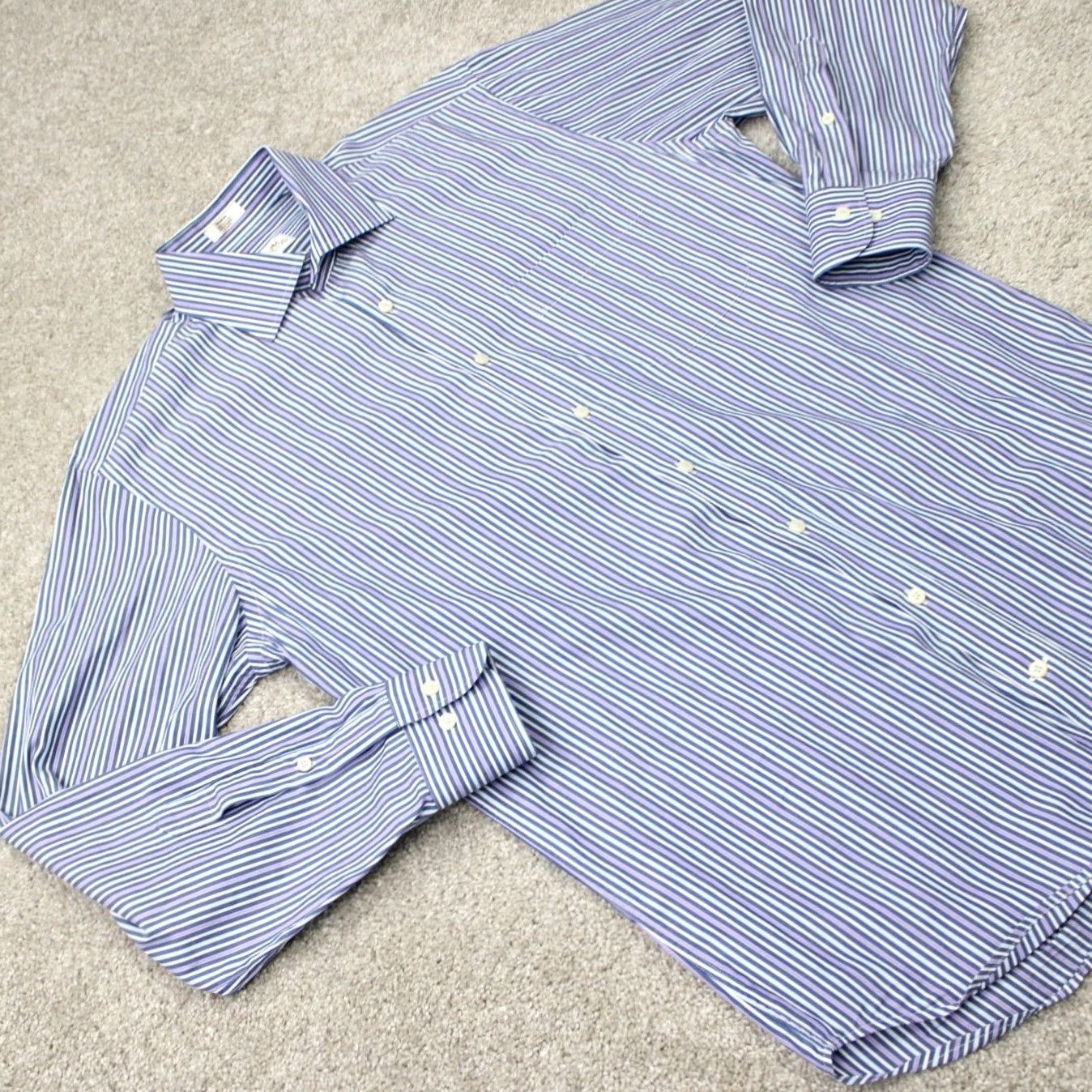 Peter Millar Peter Millar Crown Shirt Mens Medium Blue/Purple/White Striped 100% Cotton Button-Down Long Sleeve Size US M / EU 48-50 / 2 - 7 Thumbnail
