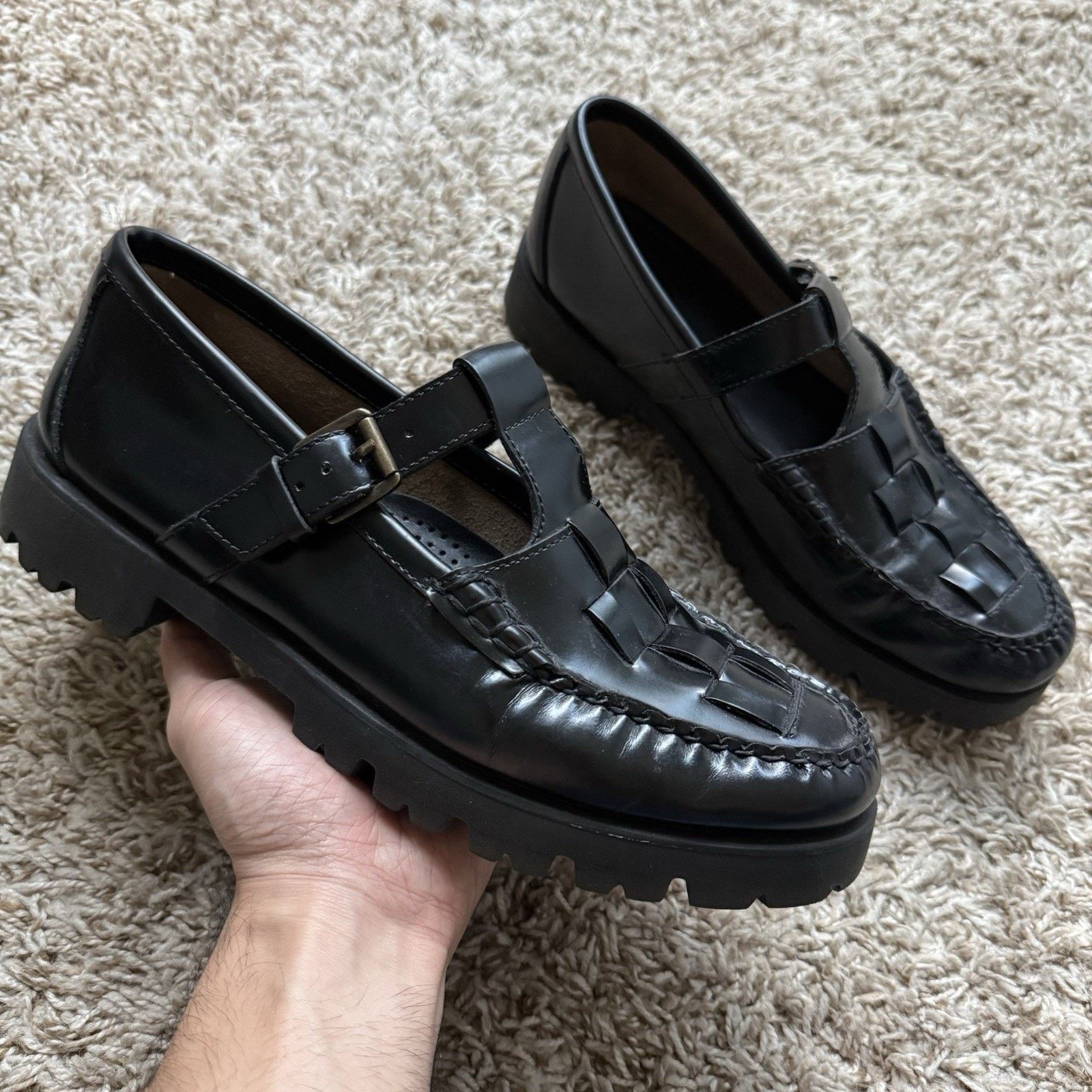 G.H. Bass & Co. G.H. Bass Fisherman Mary Jane Super Lug Black Leather Shoes Size US 10 / IT 40 - 4 Thumbnail