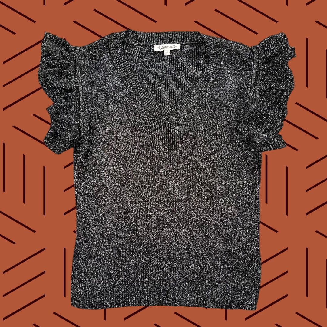Nanette Lepore NANETTE LEPORE Blouse Womens Large Black Silver Ruffle Short Sleeve Casual Stretch Size L / US 10 / IT 46 - 1 Thumbnail