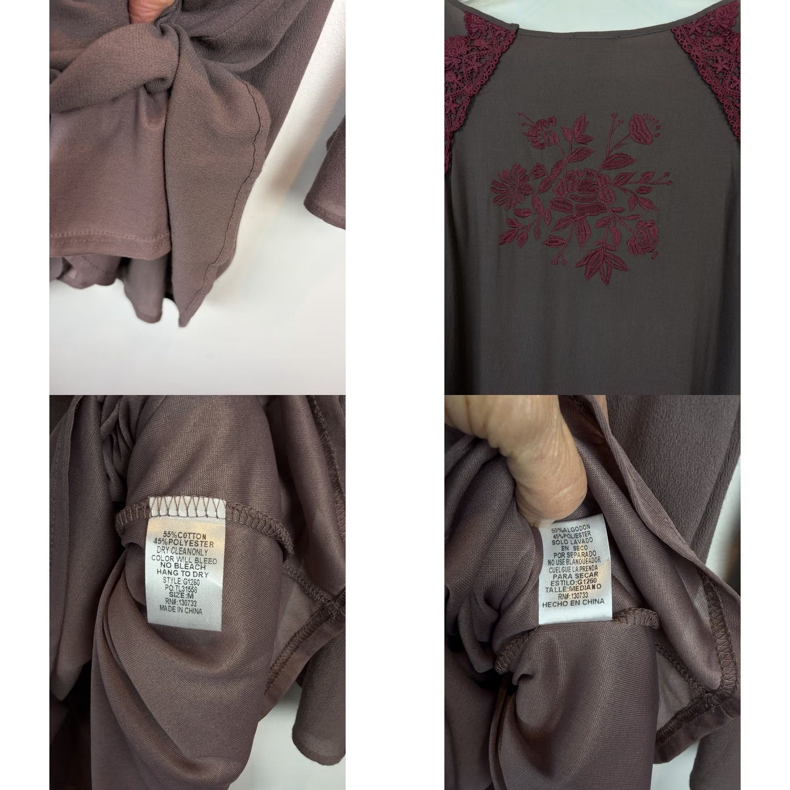 Bell UMGEE Dress Women M Boho Brown Floral Embroidered Bell Sleeve Mini Short V-Neck Size M / US 6-8 / IT 42-44 - 8 Thumbnail
