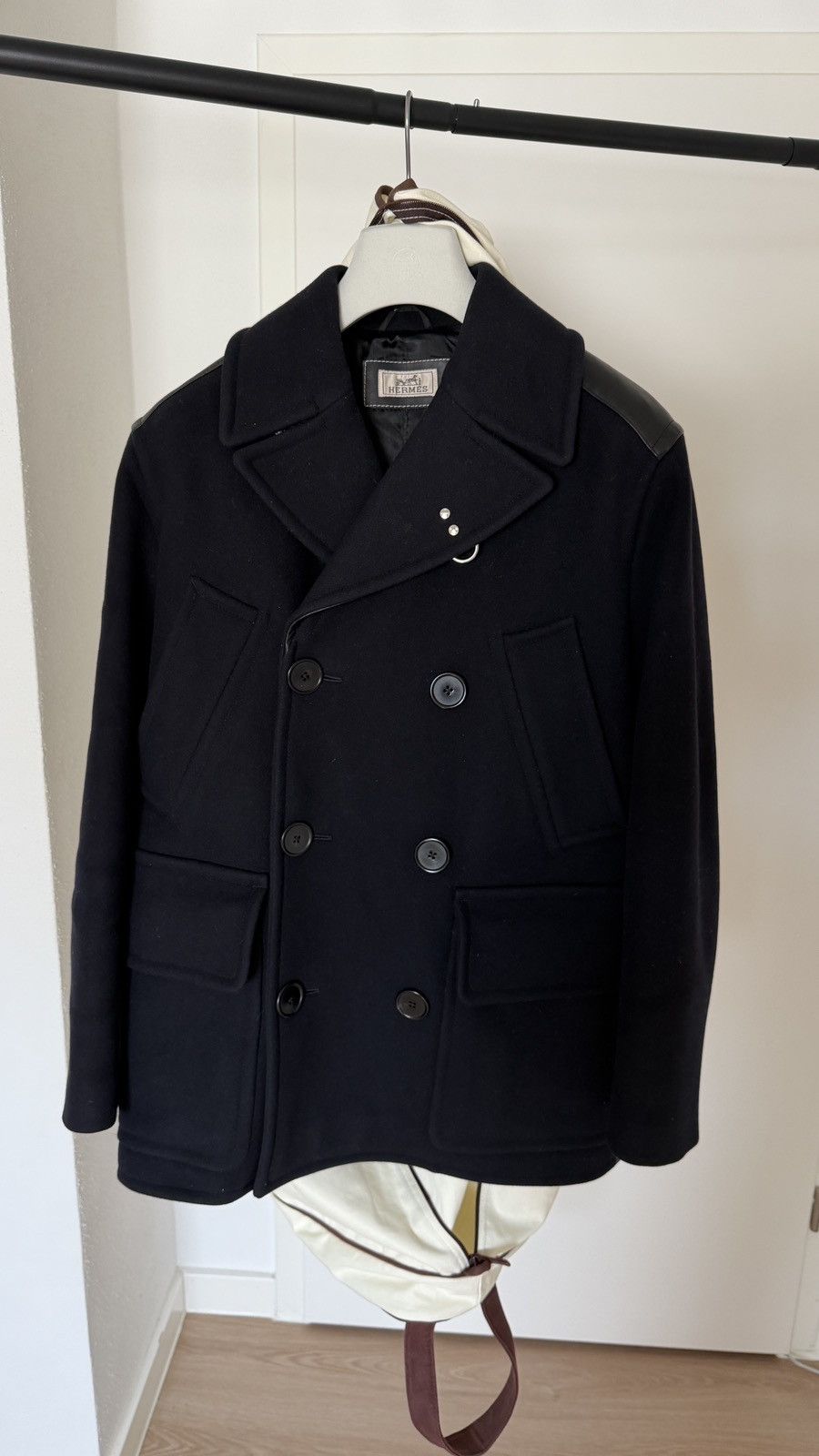 Hermes $8,900 FW23 Navy Black Leather and Wool Runway Coat Size US M / EU 48-50 / 2 - 2 Thumbnail