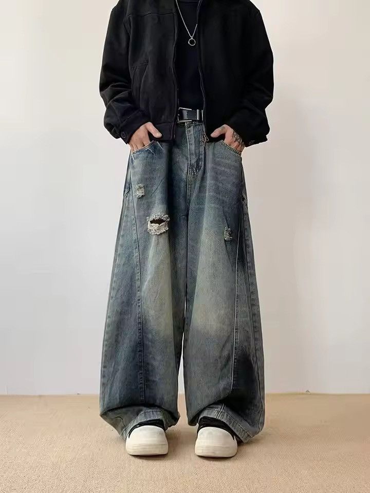 Jean Baggy Distressed Multi-Panel Denim – Wide Leg Stacking Size US 31 - 4 Thumbnail