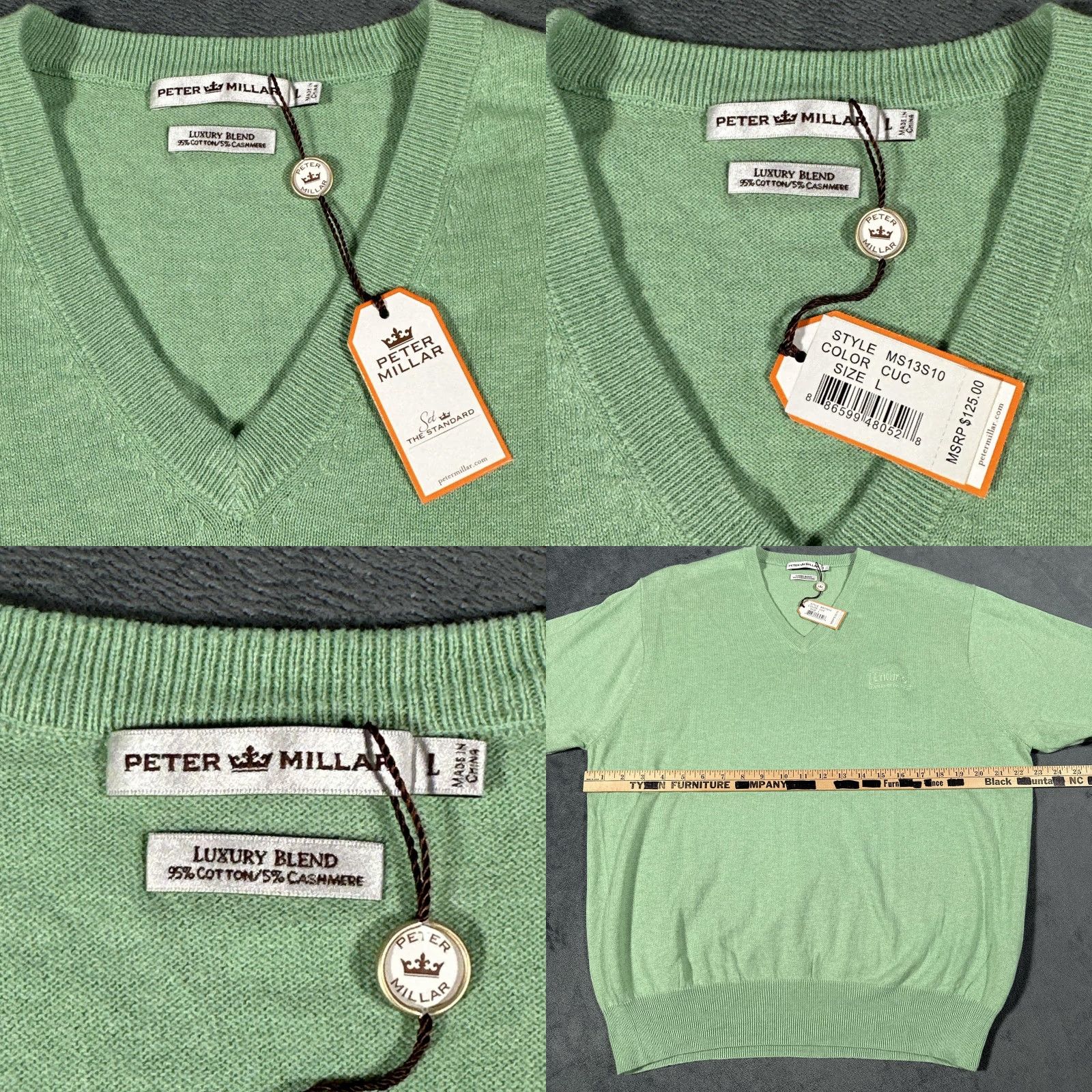Peter Millar PETER MILLAR Sweater Mens Large Mint Green V-Neck Cotton Cashmere Pullover MS13S10 Size US L / EU 52-54 / 3 - 8 Thumbnail