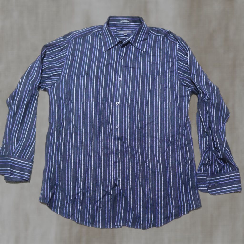 Vintage Michael Brandon Shirt Button-Up XL Blue Mens Casual Slim 17.5 Rayon 89% Striped Geometric Vintage No N/A Size US XL / EU 56 / 4 - 1 Thumbnail