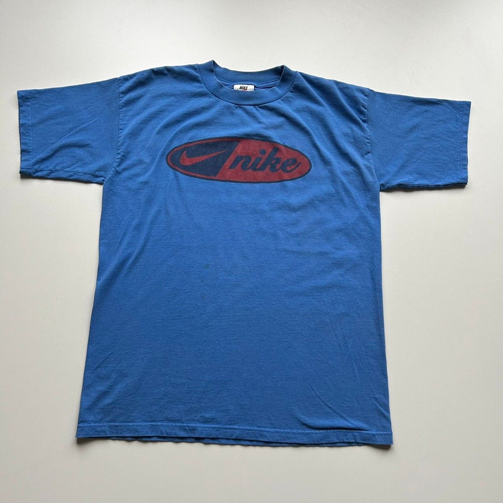 Nike × Vintage Vintage 90s Nike T Shirt Large Swoosh Cursive Logo Blue Rare Size US L / EU 52-54 / 3 - 1 Thumbnail