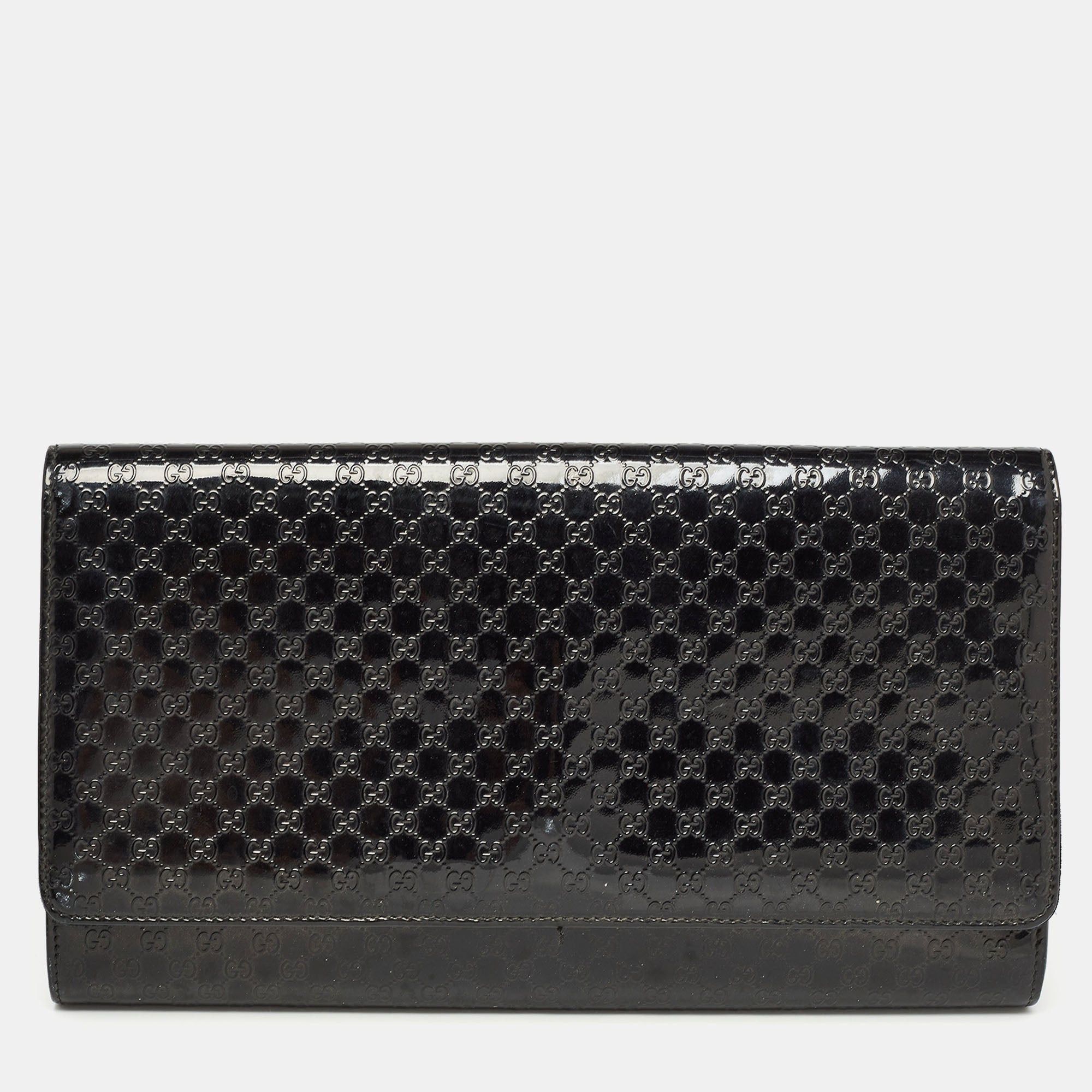 image of Gucci Black Microssima Patent Leather Broadway Clutch, Women's