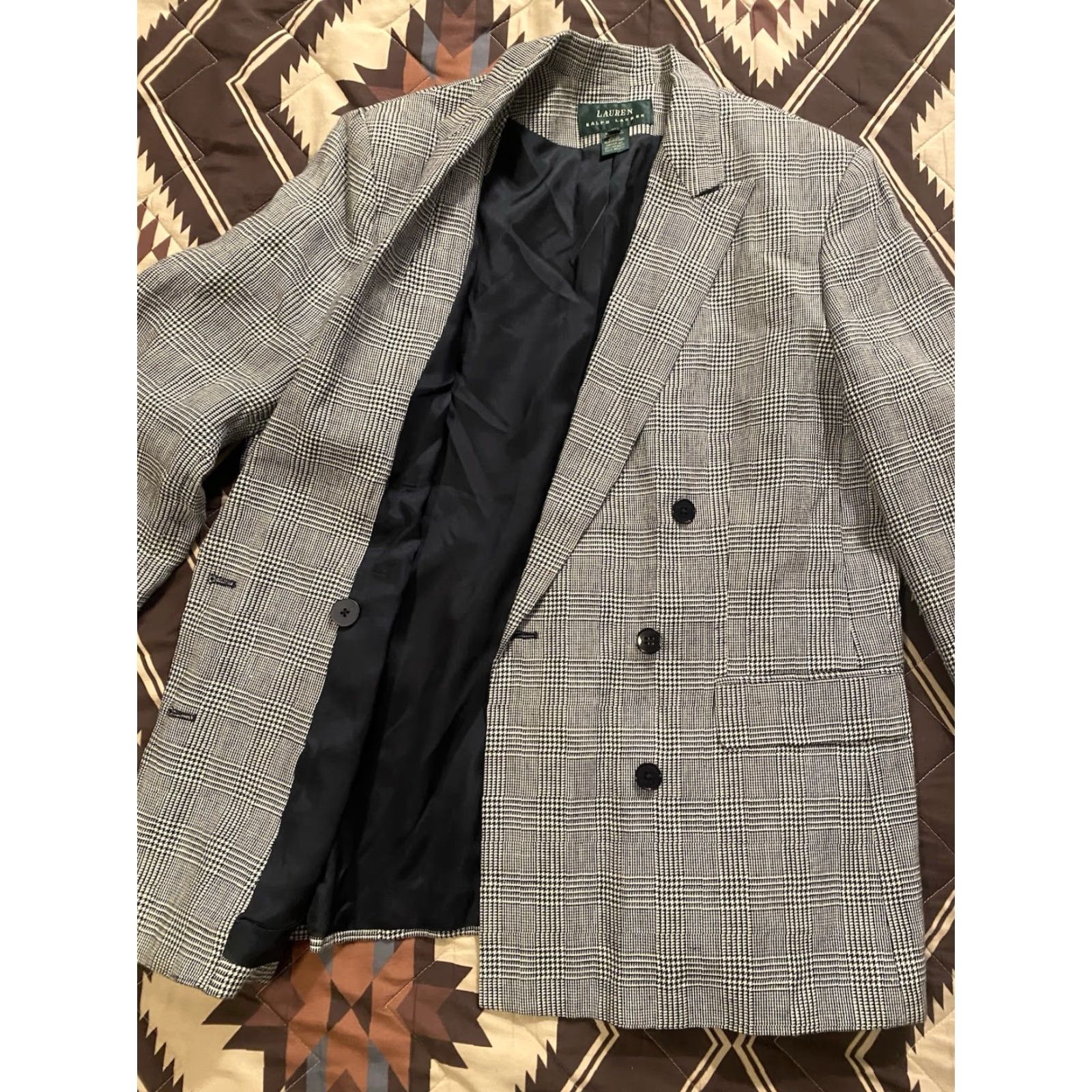 VINTAGE Lauren Ralph Lauren Blazer Women’s Double Breasted 14W 100% Linen Houndstooth Multicolor