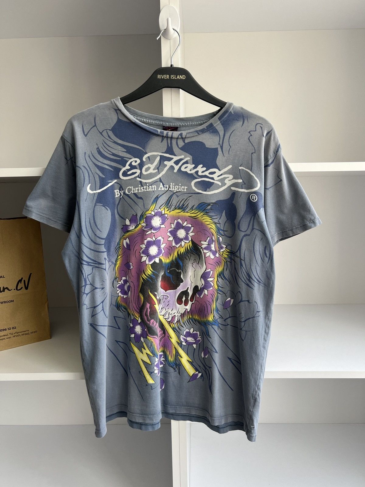 Ed Hardy × Vintage Vintage Ed Hardy Men Blue Lightning Skull Shirt Size US M / EU 48-50 / 2 - 3 Thumbnail