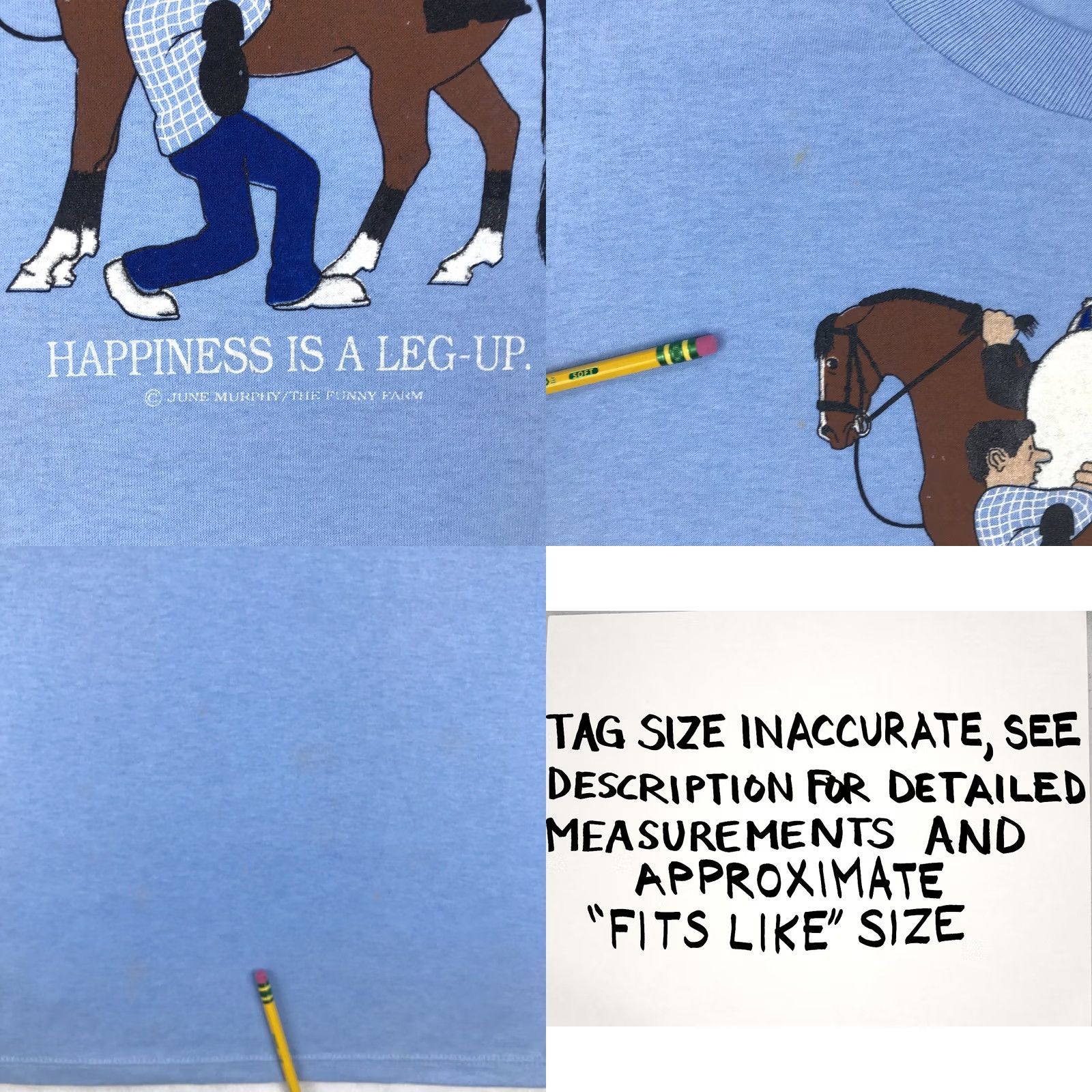 Jerzees NOS vtg 80s HAPPINESS IS A LEG UP HORSE JOCKEY CARTOON T-Shirt L blue Nike Shirt Ladies Mens Womens Boys Girls Size US L / EU 52-54 / 3 - 8 Thumbnail