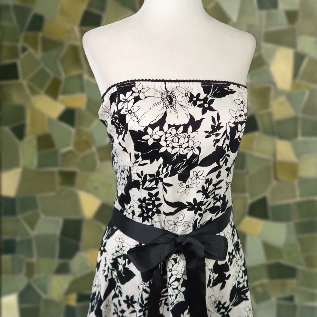 Vintage VINTAGE Mariposa cream and black floral strapless midi party dress 10 Women Size L / US 10 / IT 46 - 1 Thumbnail
