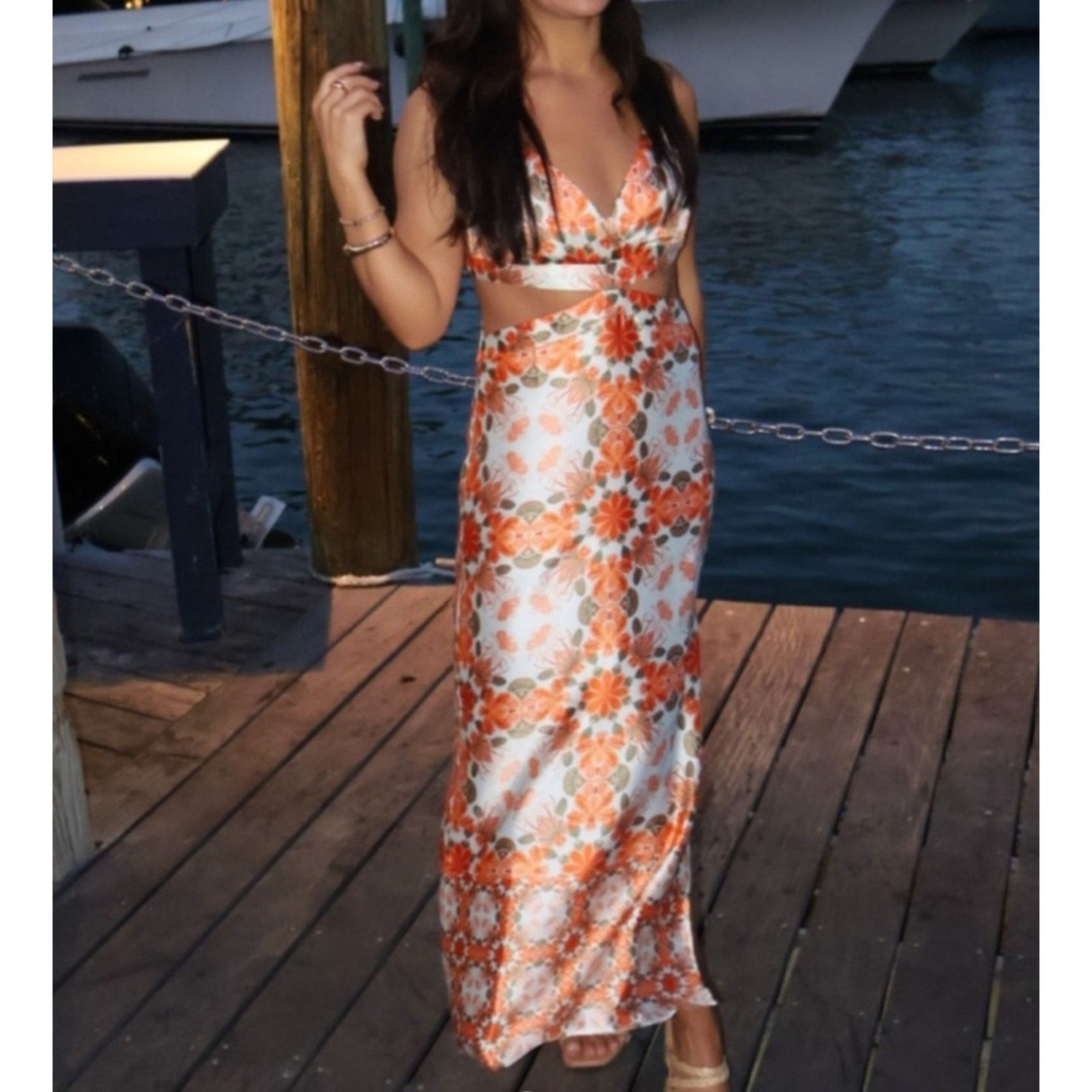 House of Harlow Revolve Satin Silky Floral Evening Dress L