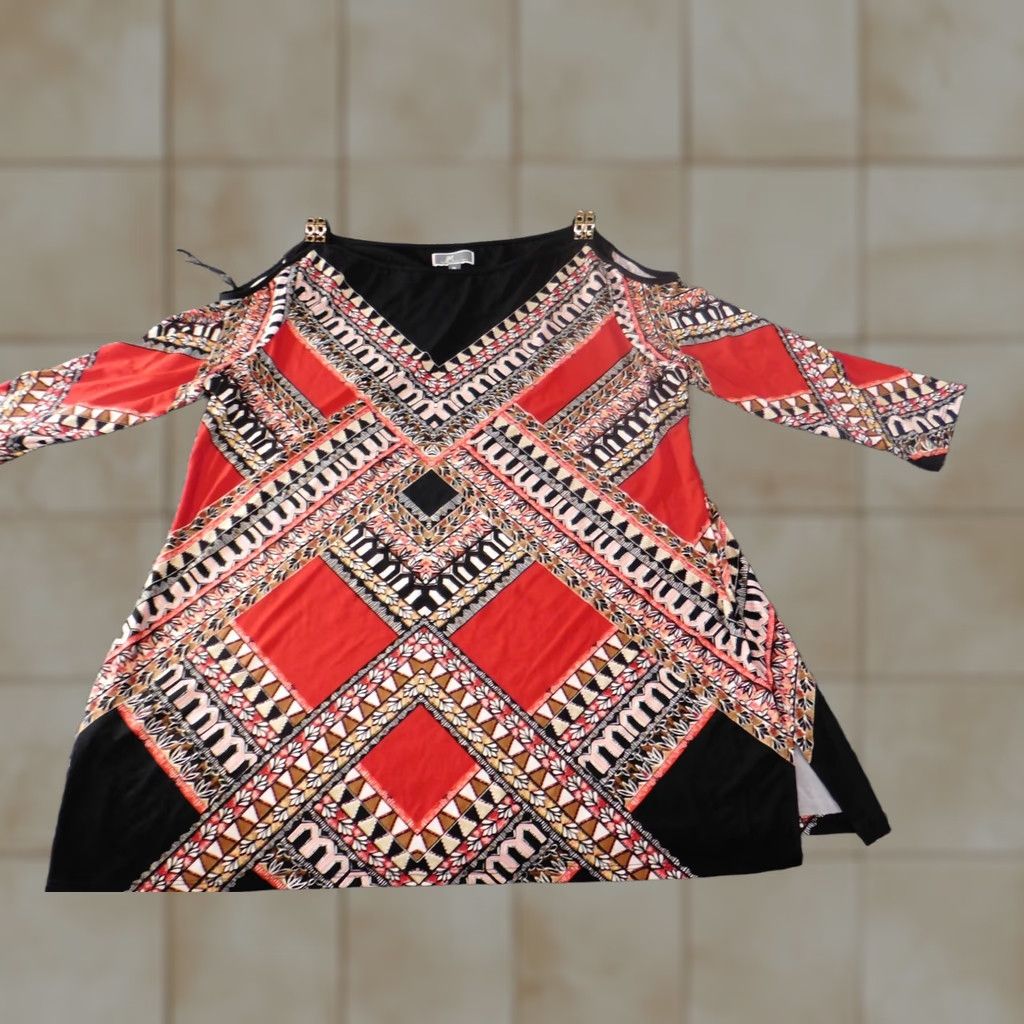 JM Collection JM Collection Blouse Shirt Womens XL Red Geometric Knit 3/4 Sleeve Collared Pullover Stretch Button Classic Casual Size XL / US 12-14 / IT 48-50 - 1 Thumbnail