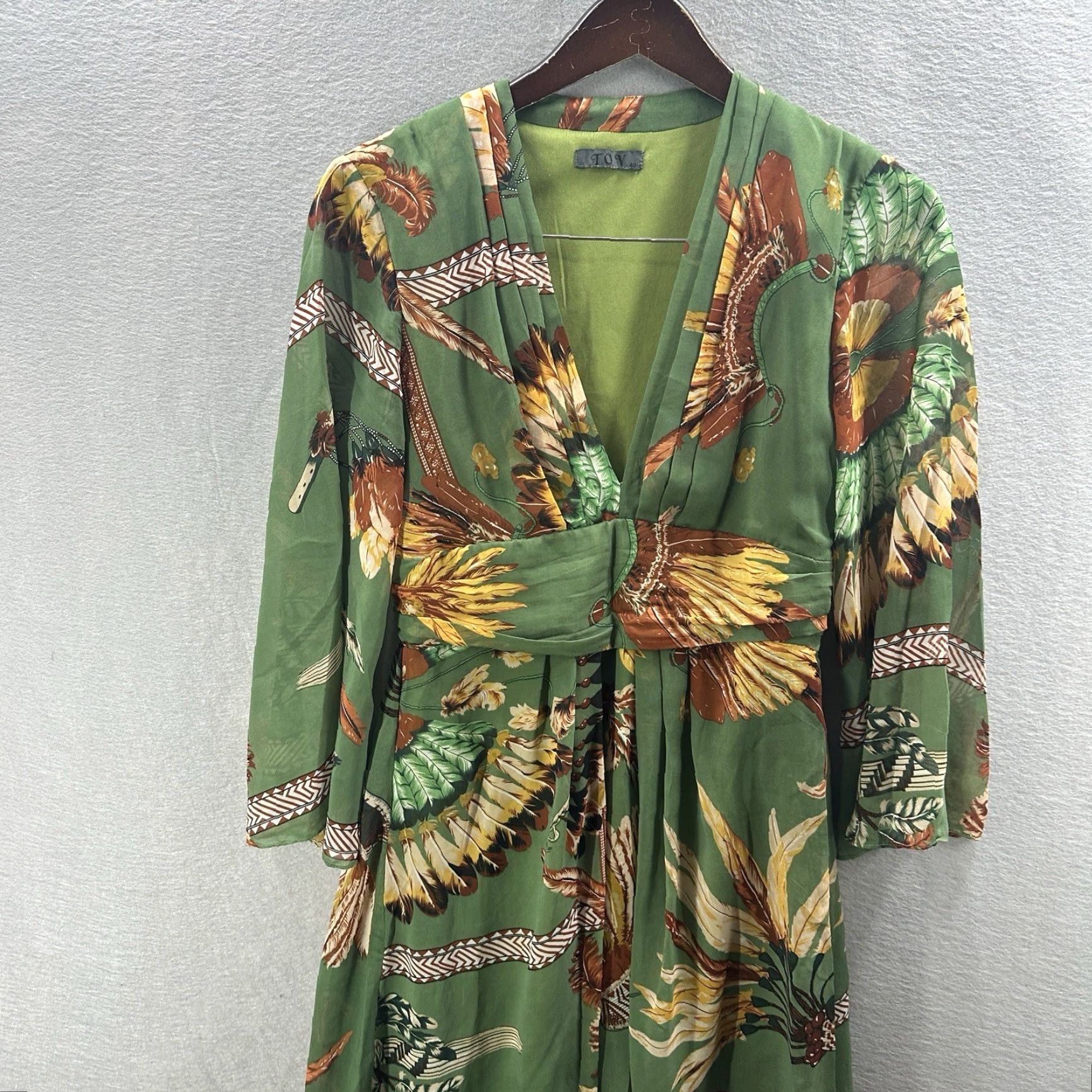 Vintage TOV Dress Womens S Green Silk Lined Feather Bohemian V-Neck Knee Length Vintage No Size S / US 4 / IT 40 - 2 Thumbnail