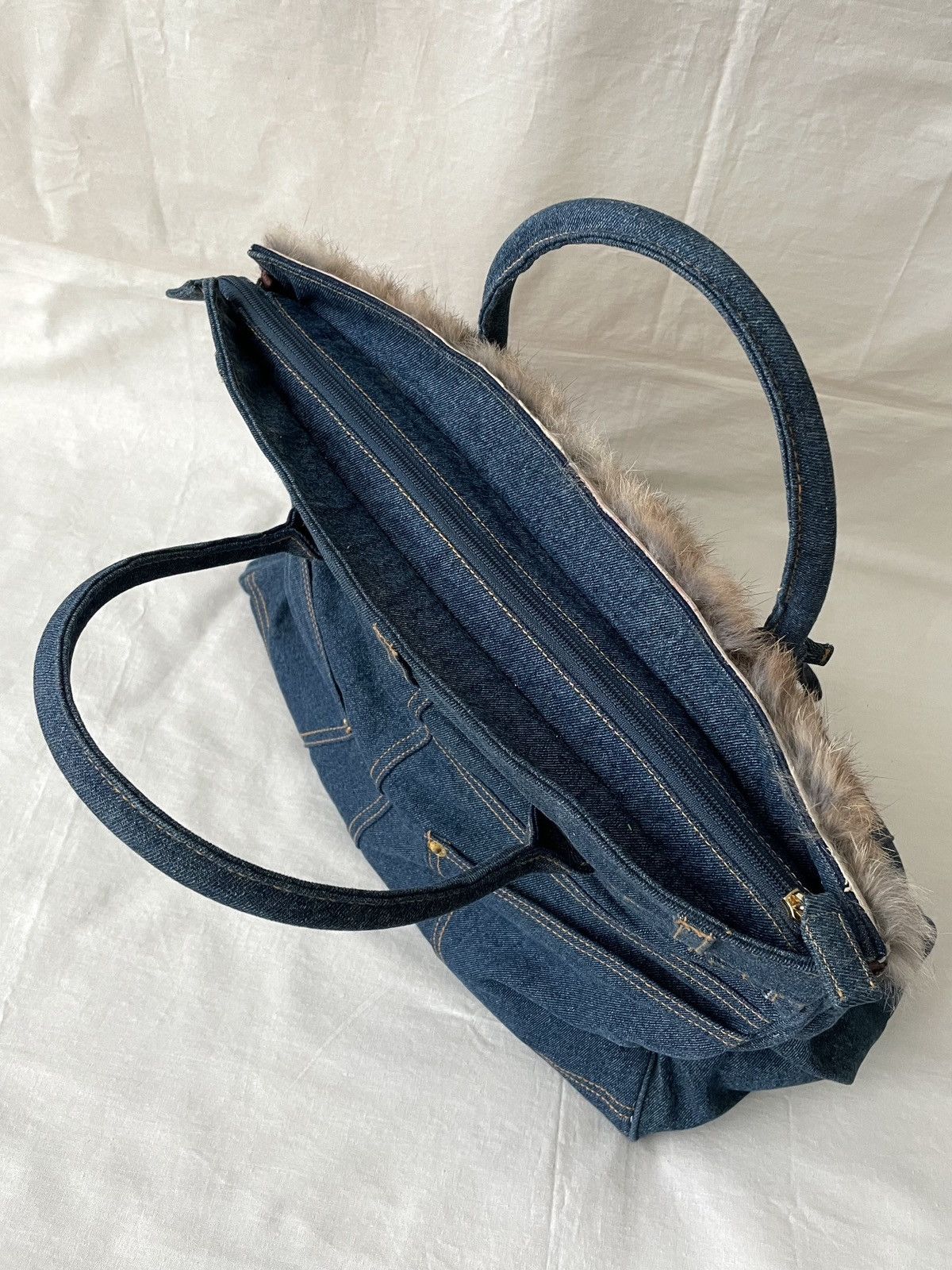 Japanese Brand Birkin Style Denim and Fur Handmade Bag Japan Size ONE SIZE - 4 Thumbnail