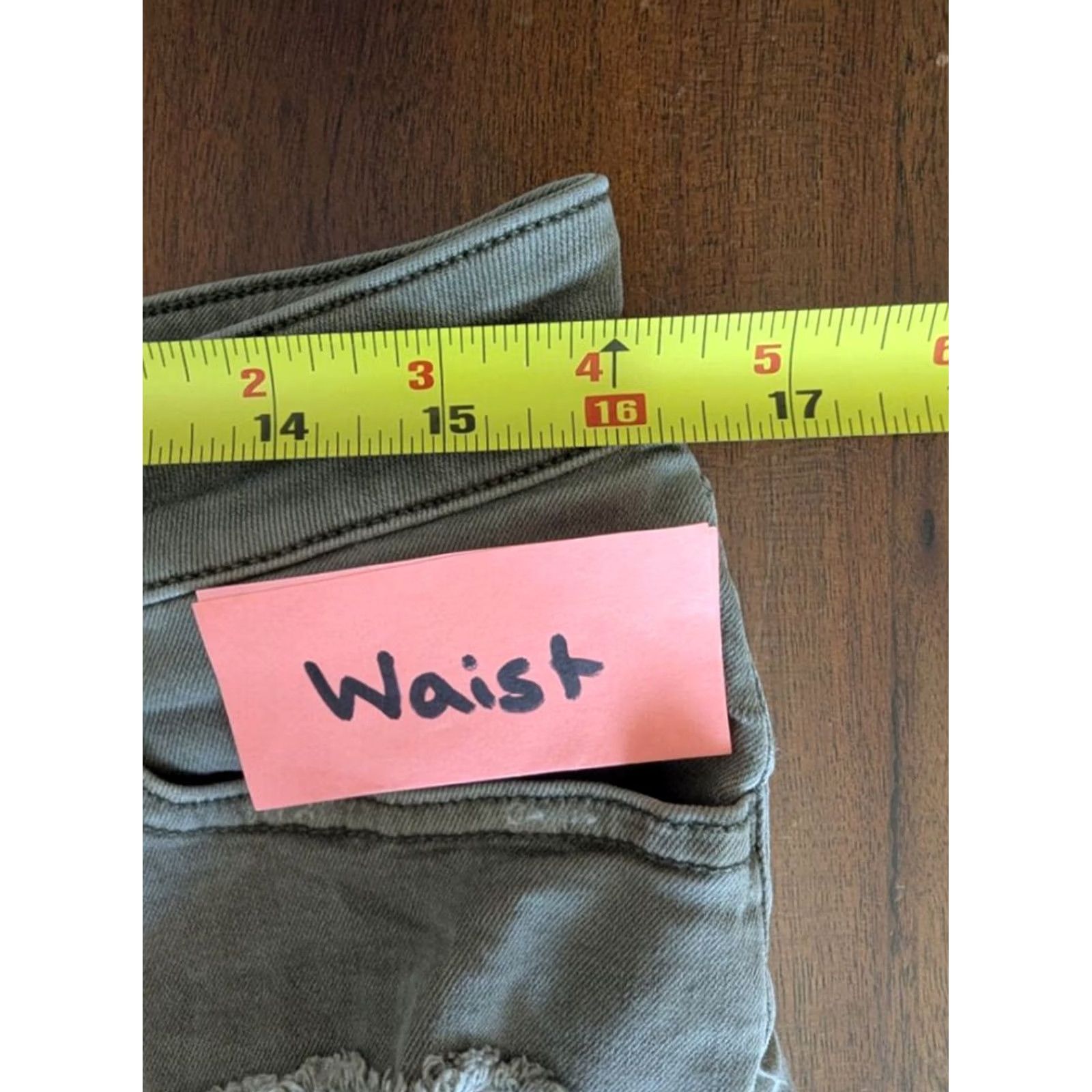 Vintage SO Army Green Distressed Denim Stretch Midi Shorts Women Cotton Blend Size 13 31 Juniors Regular Rise Mid Front Flat Front Cuffed Hem Size 34" / US 12 / IT 48 - 8 Thumbnail