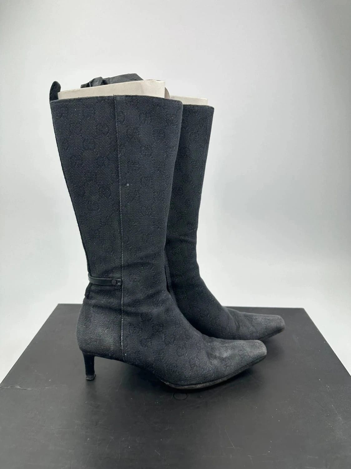 Gucci Gucci Black Monogram Boots Heels talon bout pointu Size US 6.5 / IT 36.5 - 1 Thumbnail