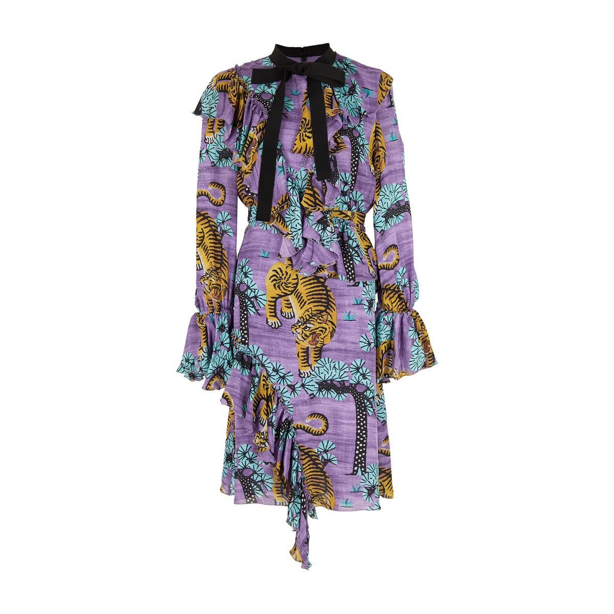 image of Gucci Runway Purple & Multi Print Ruffle Dress, Women's (Size XS)