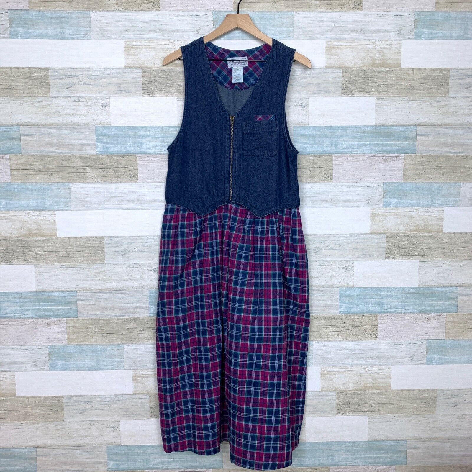 Jantzen Jantzen VTG 90s Denim Plaid Pinafore Smock Maxi Dress Blue S Size S / US 4 / IT 40 - 1 Thumbnail