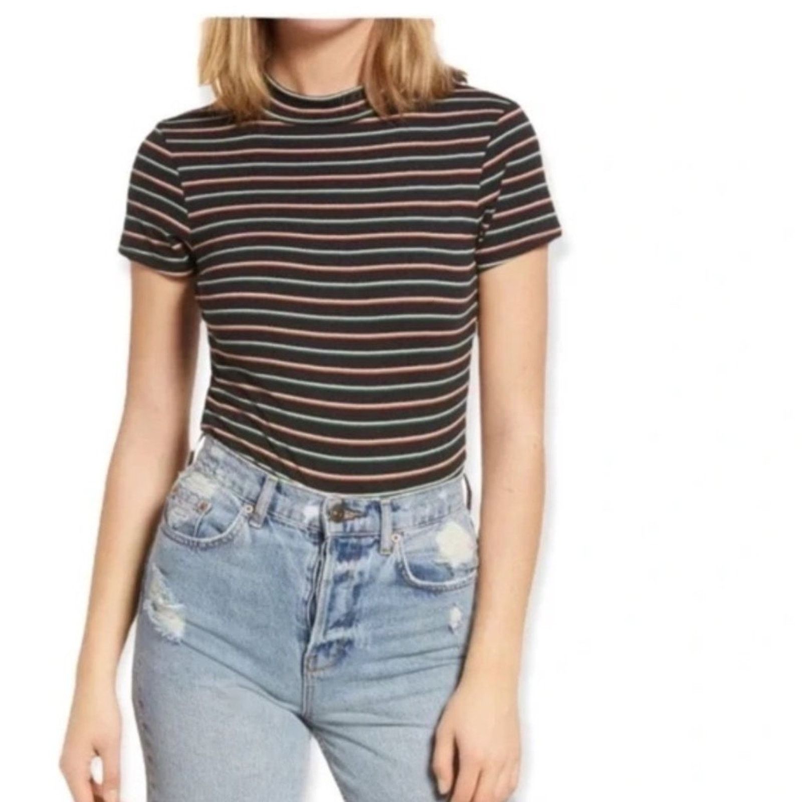 BP. BP Nordstrom Dani Black Multi Stripe Mock Neck Knit Bodysuit Size XL / US 12-14 / IT 48-50 - 1 Thumbnail