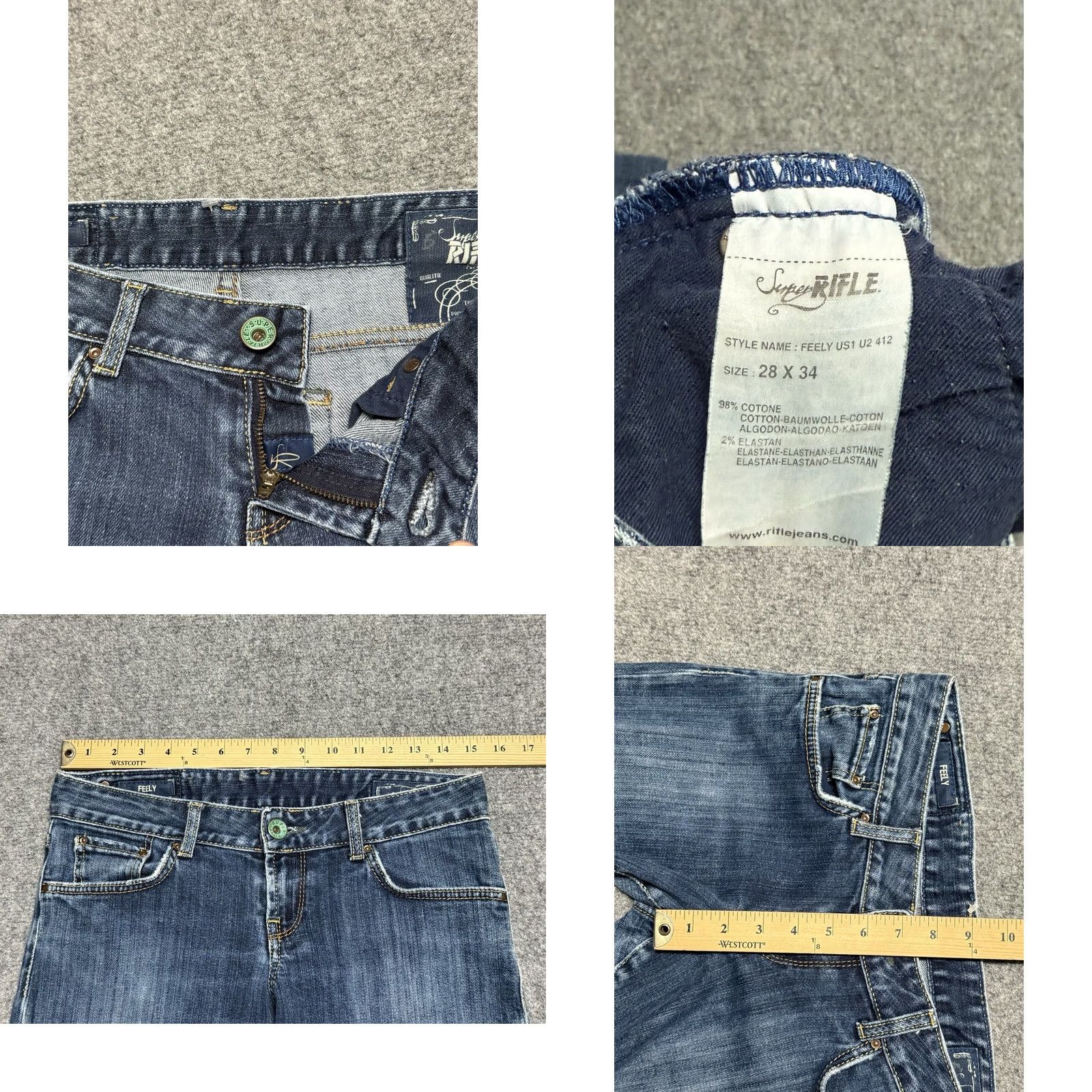 Denime Super Rifle Jeans Mens 30x29 Blue Denim Straight Regular 5-Pocket Distressed Button Zip Rise Low Inseam 29" Waist 30" Cotton Denim Vintage No Size US 30 / EU 46 - 8 Thumbnail