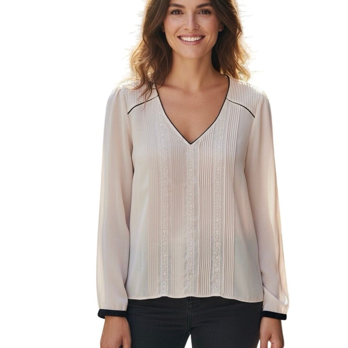 Other Daniel Rainn Sheer Pleated Cream Blouse MEDIUM Cottage Size M / US 6-8 / IT 42-44 - 1 Thumbnail